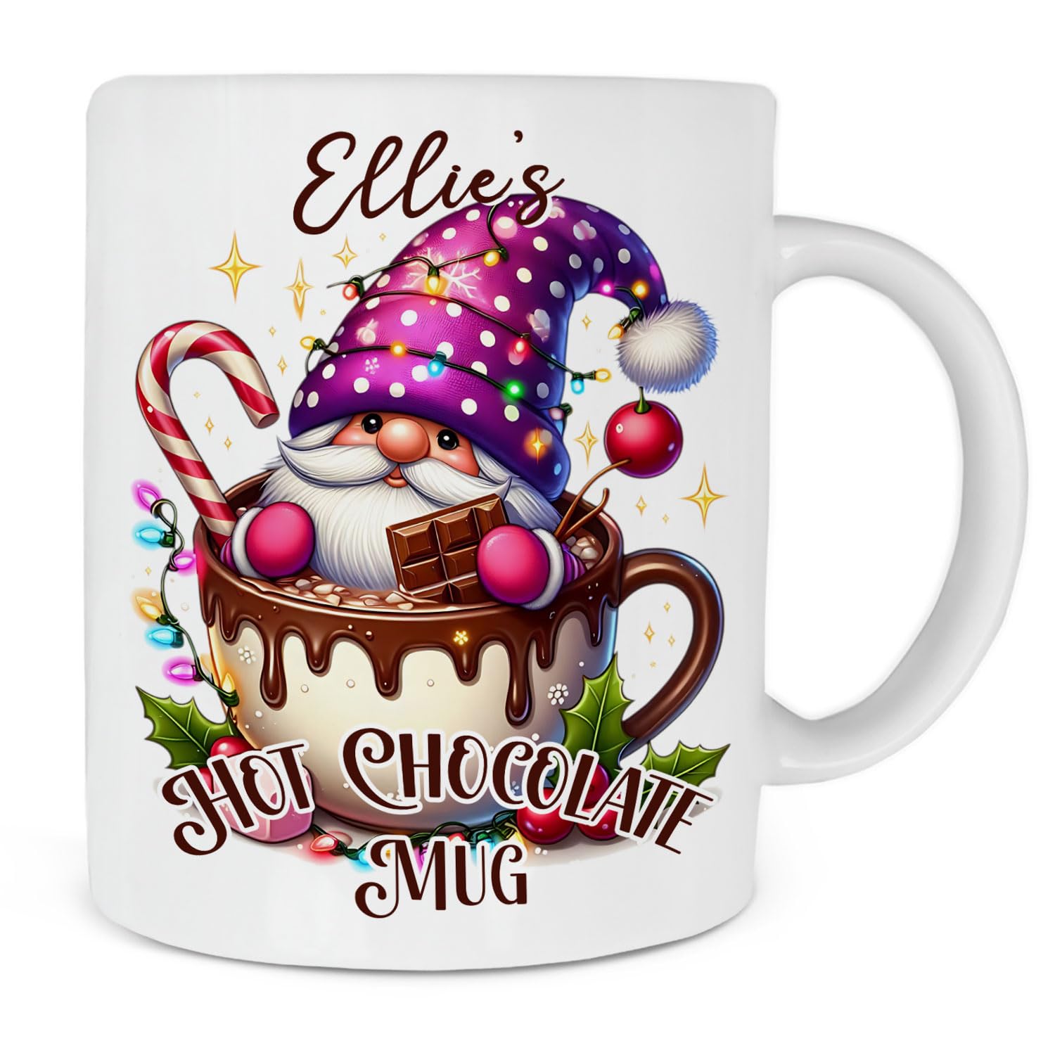 Personalised Hot Cocoa Mug, Hot Chocolate Gift, Childrens Hot Chocolate Mug with Pink Gnome