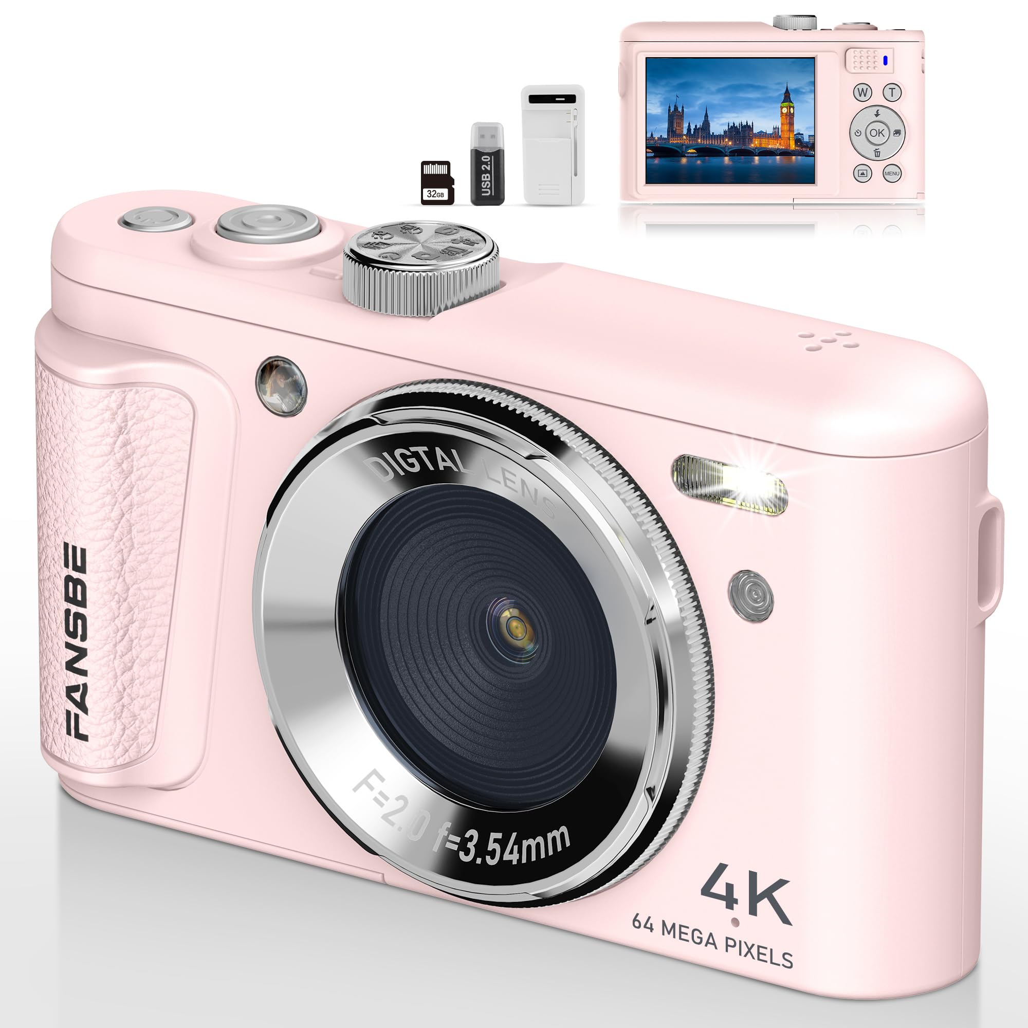 Fansbe Smart Digital Camera, 4K Vlogging Camera with 64MP, Point and Shoot Digital Cameras with 18X Zoom, Anti-Shake, Mode Dial, 32GB SD Card, Card Reader, Charger, Compact Small Cameras, Pink