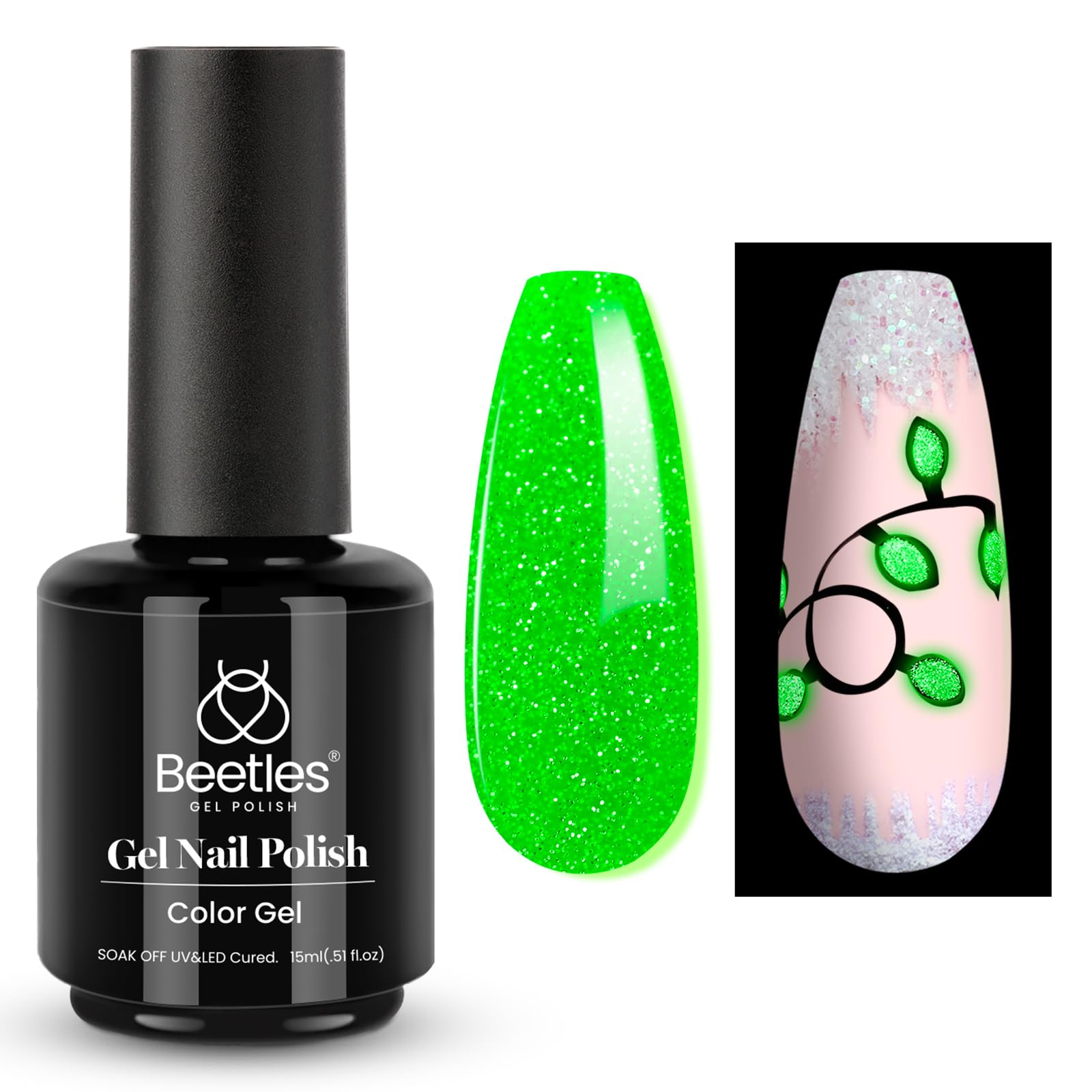 Beetles Christmas Gel Nail Polish, Luminous Green Glow in the Dark Gel Nail Polish Soak off Uv Led Nail Lamp Christmas Nail Art Manicure Salon DIY Home 0.5Oz