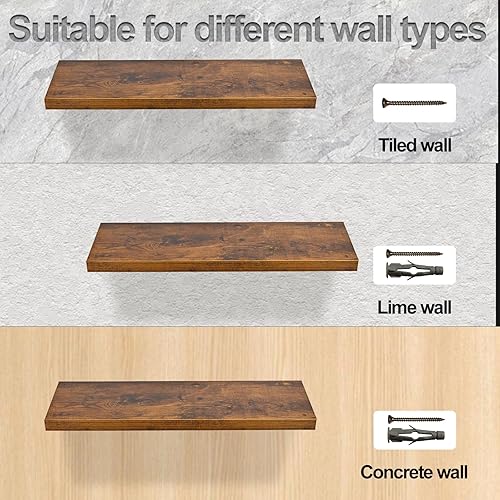 Miniatura 5 de Juego de 2 estantes flotantes de 23 pulgadas, estante de madera rústica para decoración de pared, estantes de pared para almacenamiento de baño,