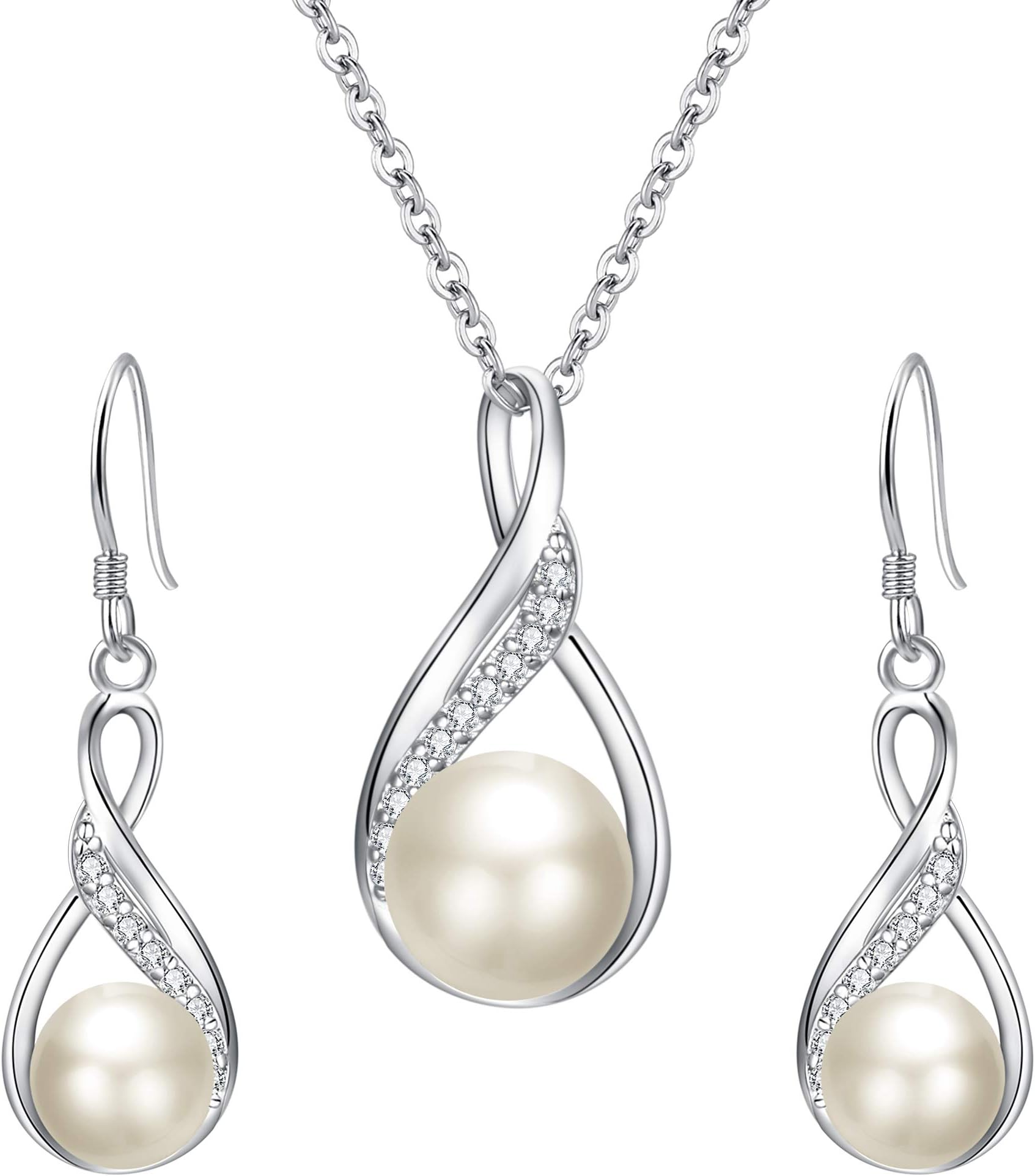 Damen 925 Sterling Silber Hochzeit Braut CZ Cream Swasser-Zuchtperle Unendlichkeit Blatt Vine Anhnger Halskette Hook Ohrringe Schmuck Set Klar