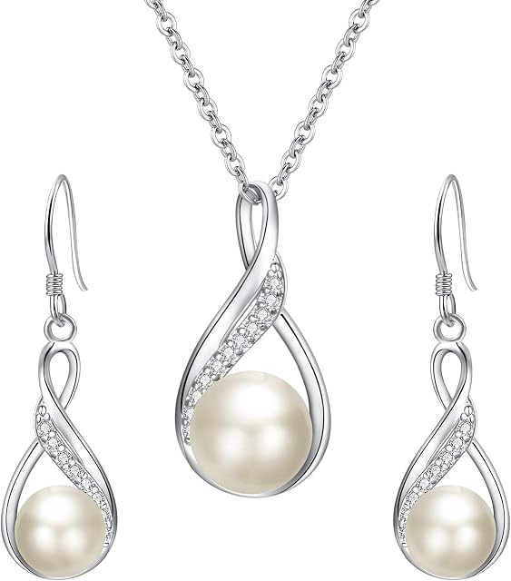 Clearine Women's 925 Sterling Silver Wedding Bridal CZ Freshwater Cultured Pearl Infinity Pendant Necklace Earrings Set