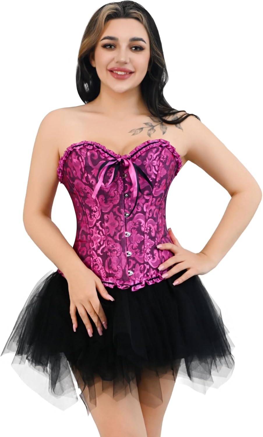 frawirshau Women's Lace Up Boned Overbust Corset Bustier Lingerie Bodyshaper Top - Image 3