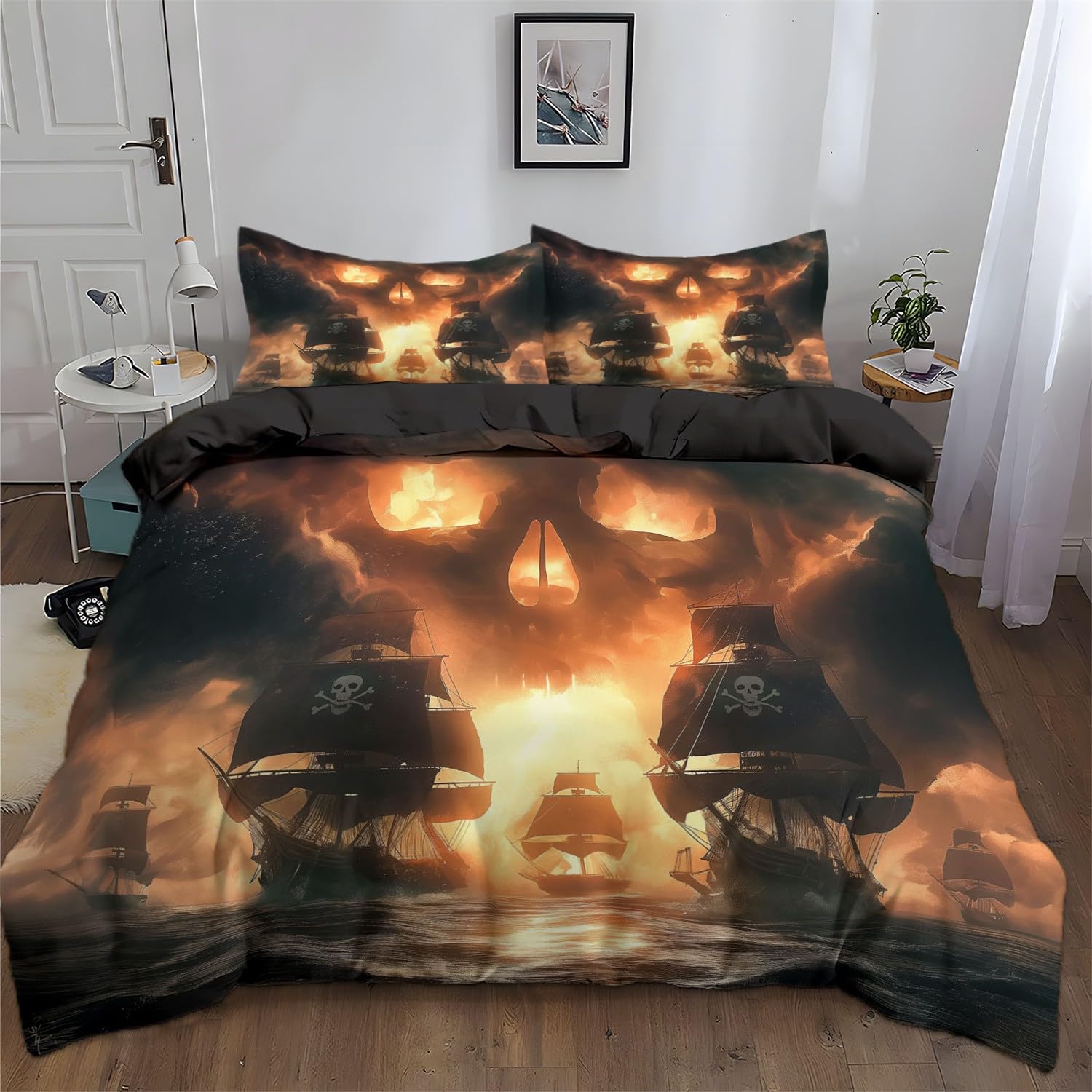 Poszwa na kołdrę 230 cm x 220 cm Fantasy Czaszka Łodzi Ciemnobrązowa, Przytulna poszewka na kołdrę z nadrukiem z zamkiem błyskawicznym, 3-częściowy zestaw pościeli dla dzieci dorosłych