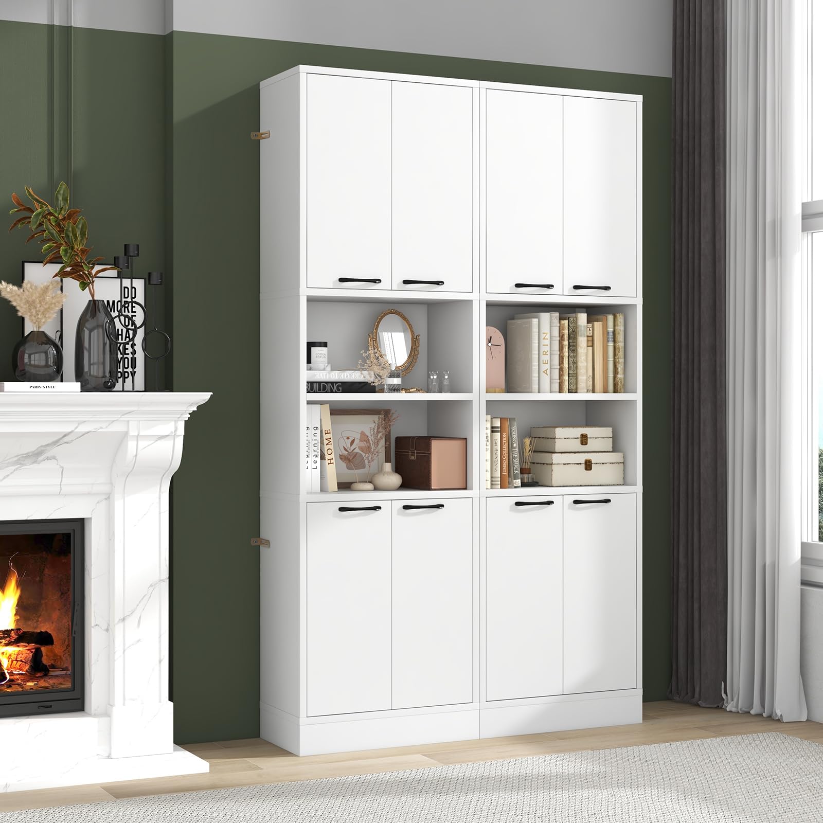 GIANTEX Credenza da Cucina Alta 190 cm con 4 Ante, 2 Scomparti Aperti e 6 Ripiani, 4 Kit Antiribaltamento, Armadio Portaoggetti per Cucina e Bagno