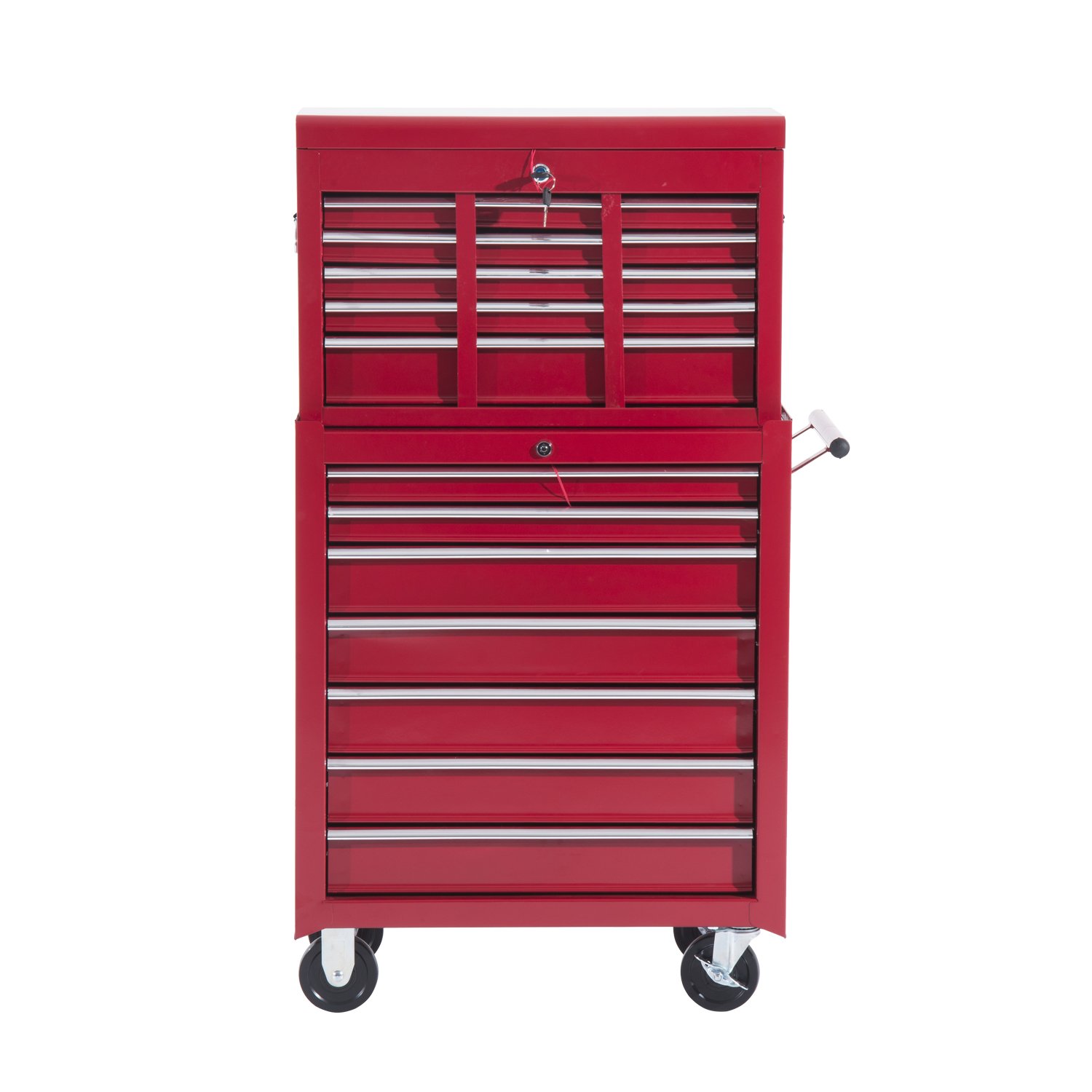HOMCOM Carro Caja de Herramientas Taller Movil 16 Cajones 4 Ruedas 2 Cerraduras Rojo