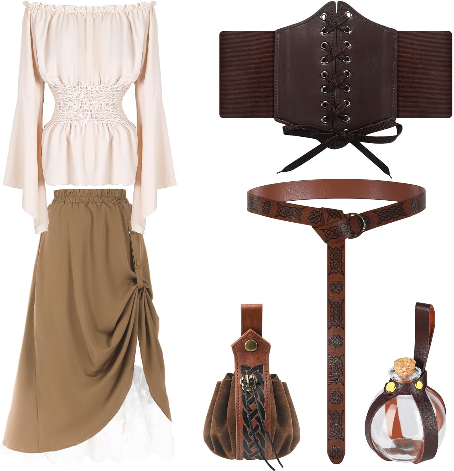 6 Pcs Halloween Renaissance Costume Women Set Medieval Pirate Outfit Shirt Skirt Viking Corset Belt Potion Bottle Belt Pouch