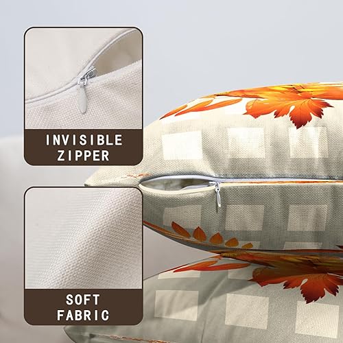 Miniatura 5 de Juego de 2 fundas de almohada decorativas de otoño de 24 x 24 pulgadas, hojas de arce y calabaza, fundas de almohada decorativas de lino otoñal a