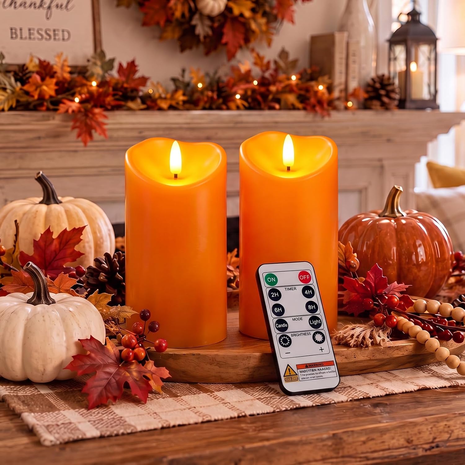  Halloween Orange Waterproof LED Candles, Remote Timer, Set of 2