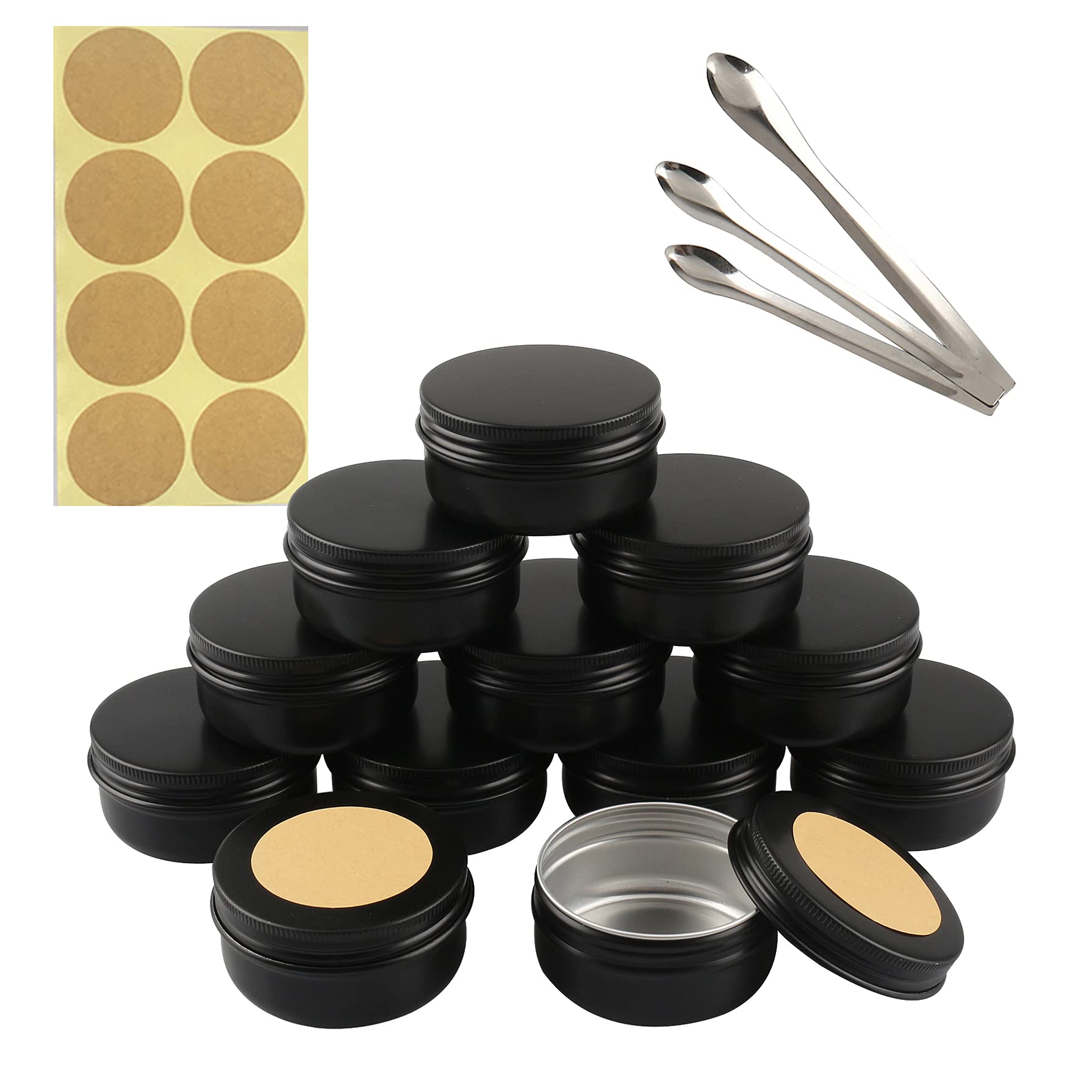 Tianzd Black 10 Pieces 50 Ml Empty Round Aluminum Tin Jars With Screw Lids Cosmetics Lip Balm Containers Pots For Diy Candle Salve Salt Powder Crafts Storage Cans With 3X Spoon, 10X Labels