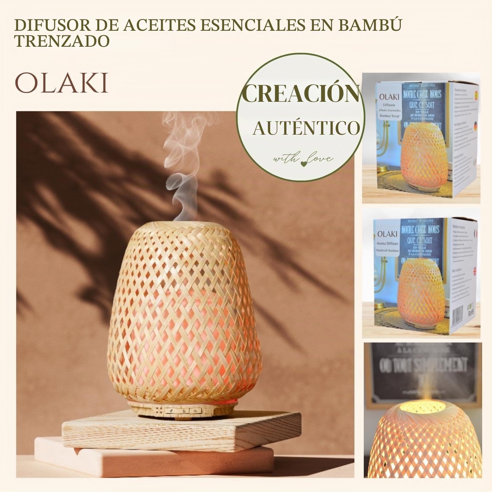 Zen'Arôme SC21-25S - Difusor de aceites Esenciales ultrasónico Olaki (hasta 40 m²) - Difusión en frío para aromaterapia, diseño Artesanal Zen de bambú Trenzado, iluminación Regulable, Madera