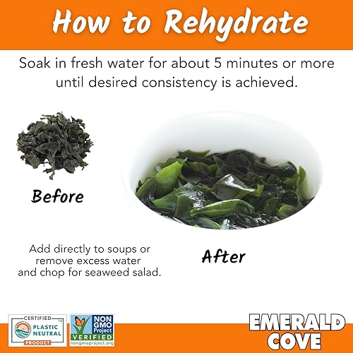 Miniatura 5 de Emerald Cove Pacific Wakame listo para usar, algas secas precortadas, perfectas para sopa de miso, ensalada de algas, Miyeok Guk, naturalmente sin