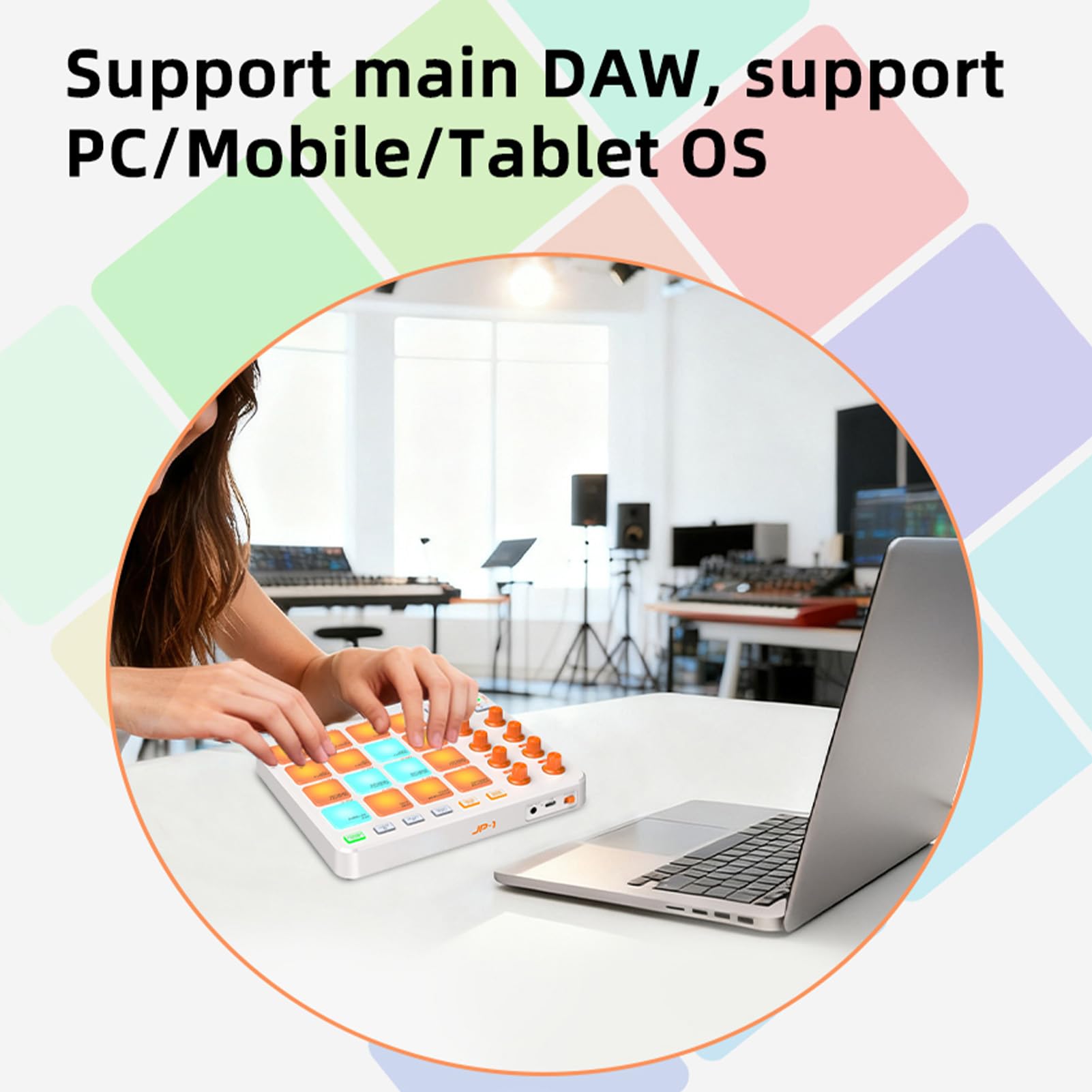 Controller MIDI, 16 Pad RGB 8 Manopole 6 Pulsanti Personalizzabili Batteria Ricaricabile Wireless da 2000 MAh, con Connessione USB MIDI per Professionisti Principianti della (Bianca)