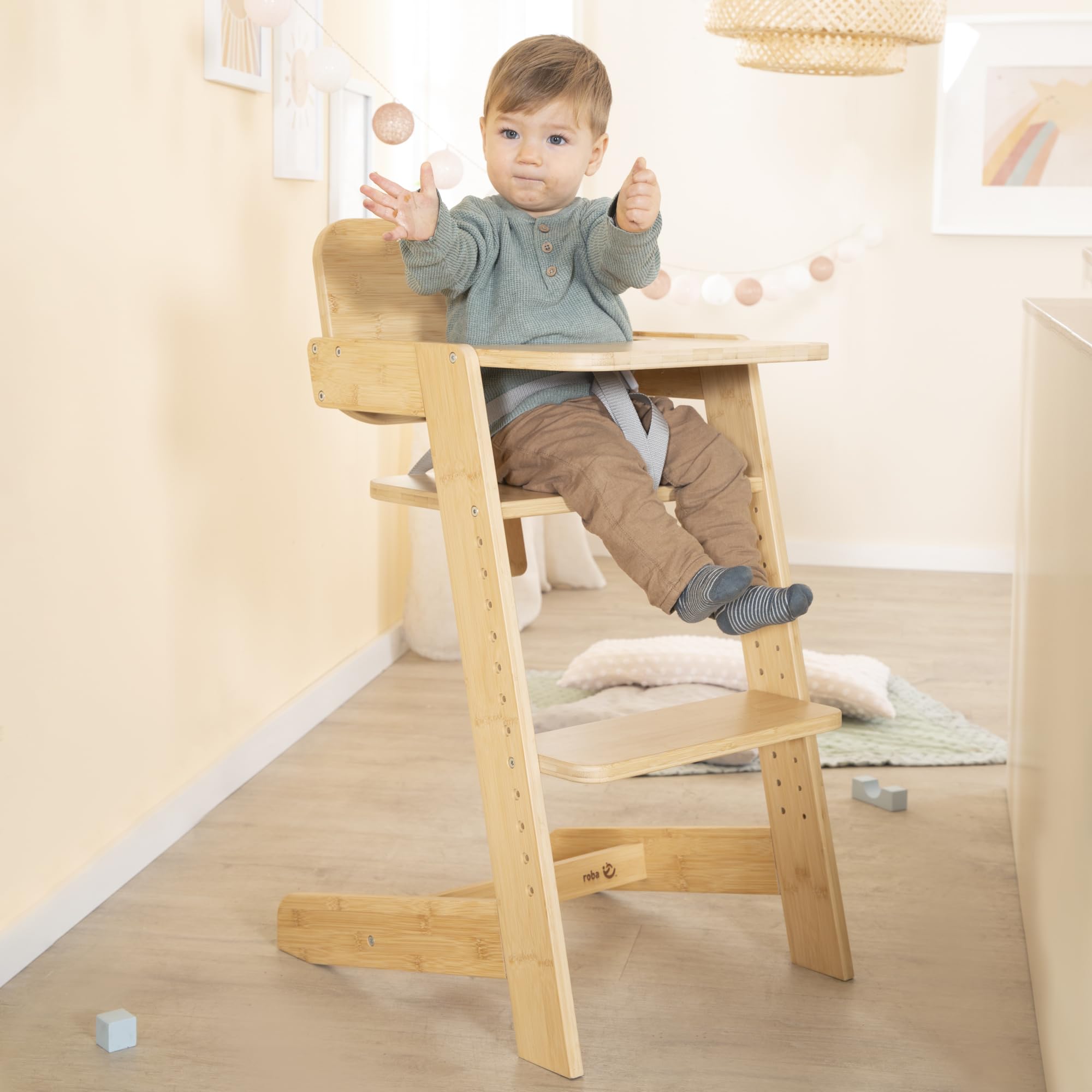 roba Seggiolone per Bambini Nature Up in Legno di Bambù Certificato FSC - Regolabile con Vassoio Rimovibile - Cintura a 3 Punti - Fino a 70 kg di Portata - Naturale