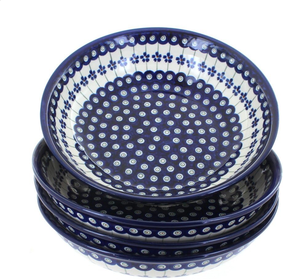 Blue Rose Polish Pottery - Blue Flowering Peacock 4 Piece Large Salad Bowl Set - 4 9.75" Diameter Bowls - Great Bowl Set for Salad, Pasta, or Serving Guests