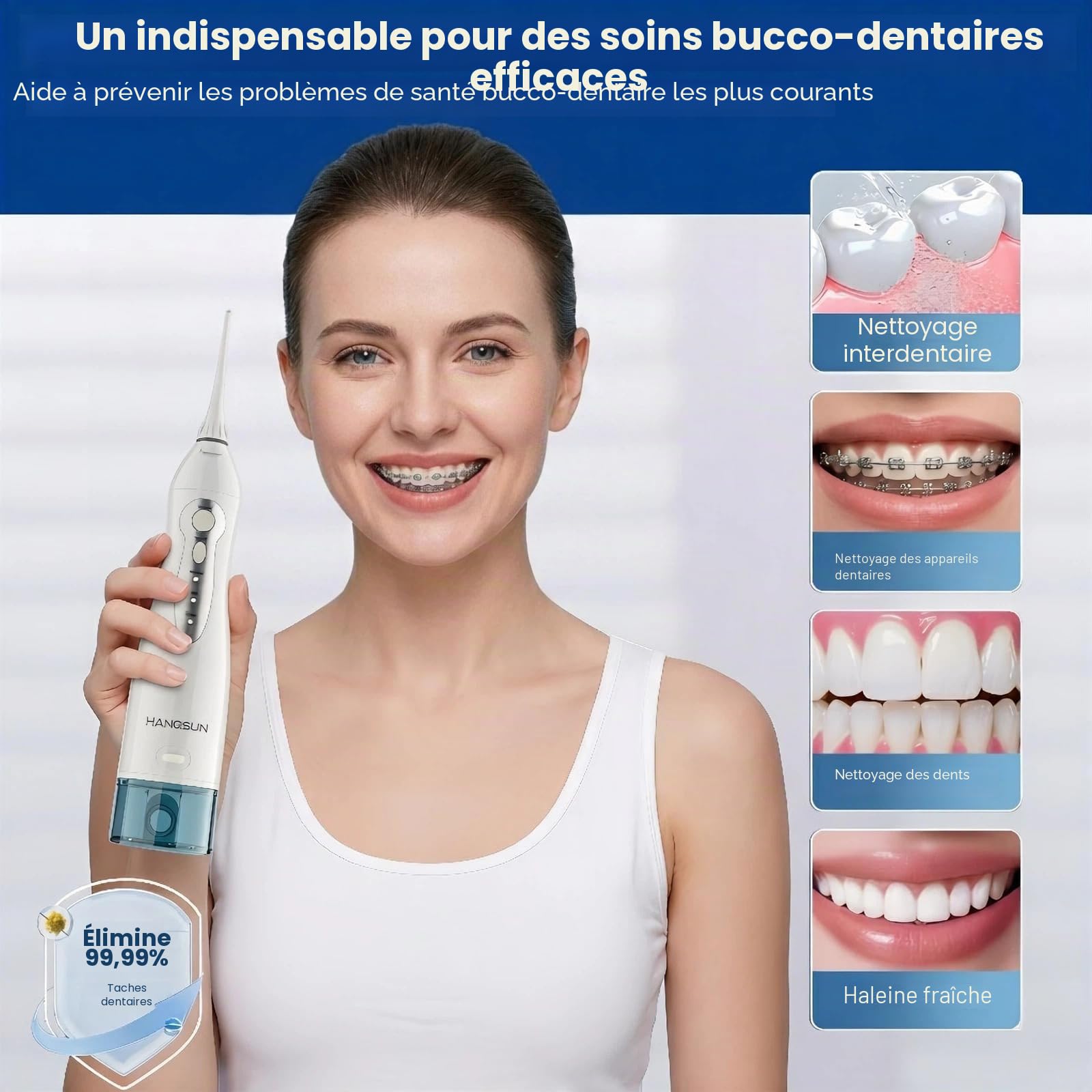 Hangsun Jet Dentaire Hydropulseur Irrigateur Oral, USB Chargé Portable Water Flosser, Réservoir 300 ml et 8 Buses de Jet pour Voyage et Maison HOC700