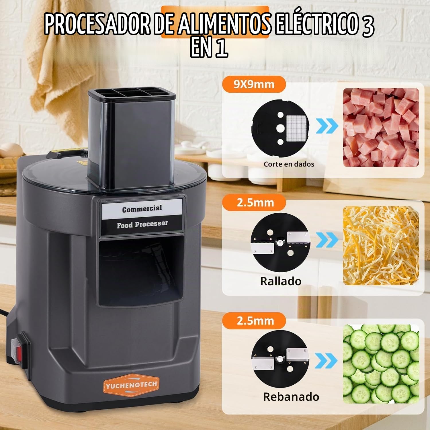 YUCHENGTECH Comercial Cortadora de Verduras con 3 Cuchillas 100W | Cortador Verduras en Dados Electrico Profesional para Cortar en Dados en Rodajas y en Tiras Verduras