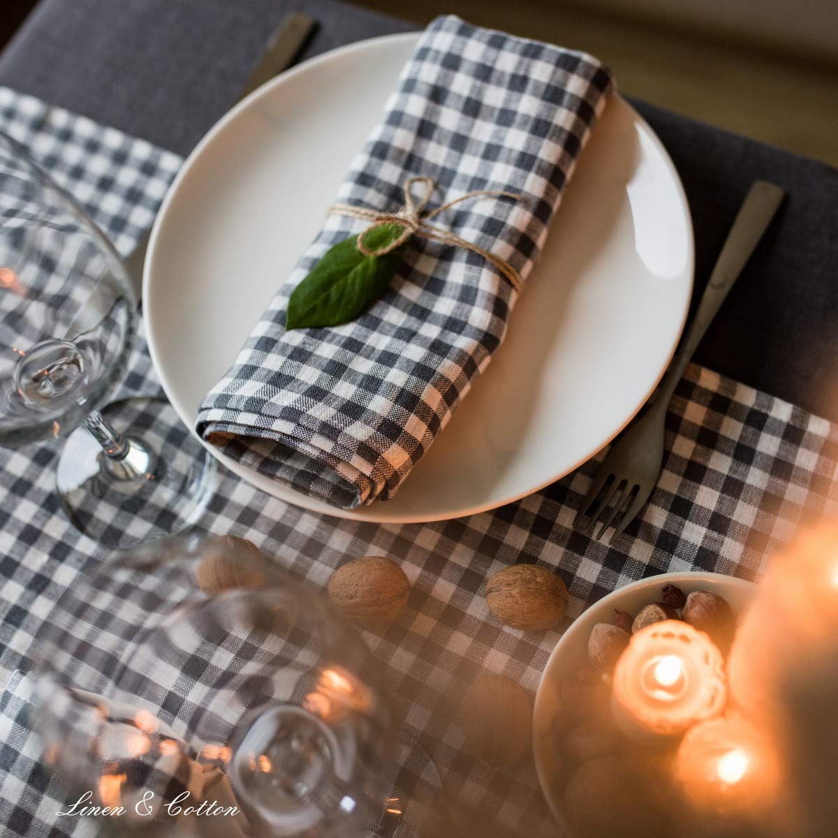 Linen & Cotton Tovaglioli di Stoffa a Quadretti Grigi e Bianchi Estella Set di 4-100% Lino, Grigio Bianco (32 x 32 cm) Tovaglioli Country Rustici per Tavolo Cucina Caffe Ristorante Primavera Pasqua