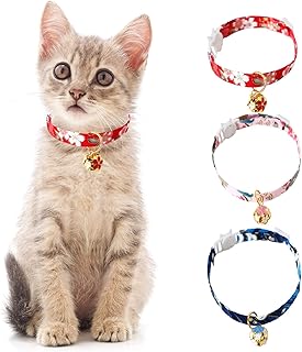 HACRAHO Breakaway Cat Collar, 3 Pieces Adjustable Cat Collars Japanese Style Cat Collar with Hollow Flower Bell for Kitten Puppy Pets, Red, Pink, Blue