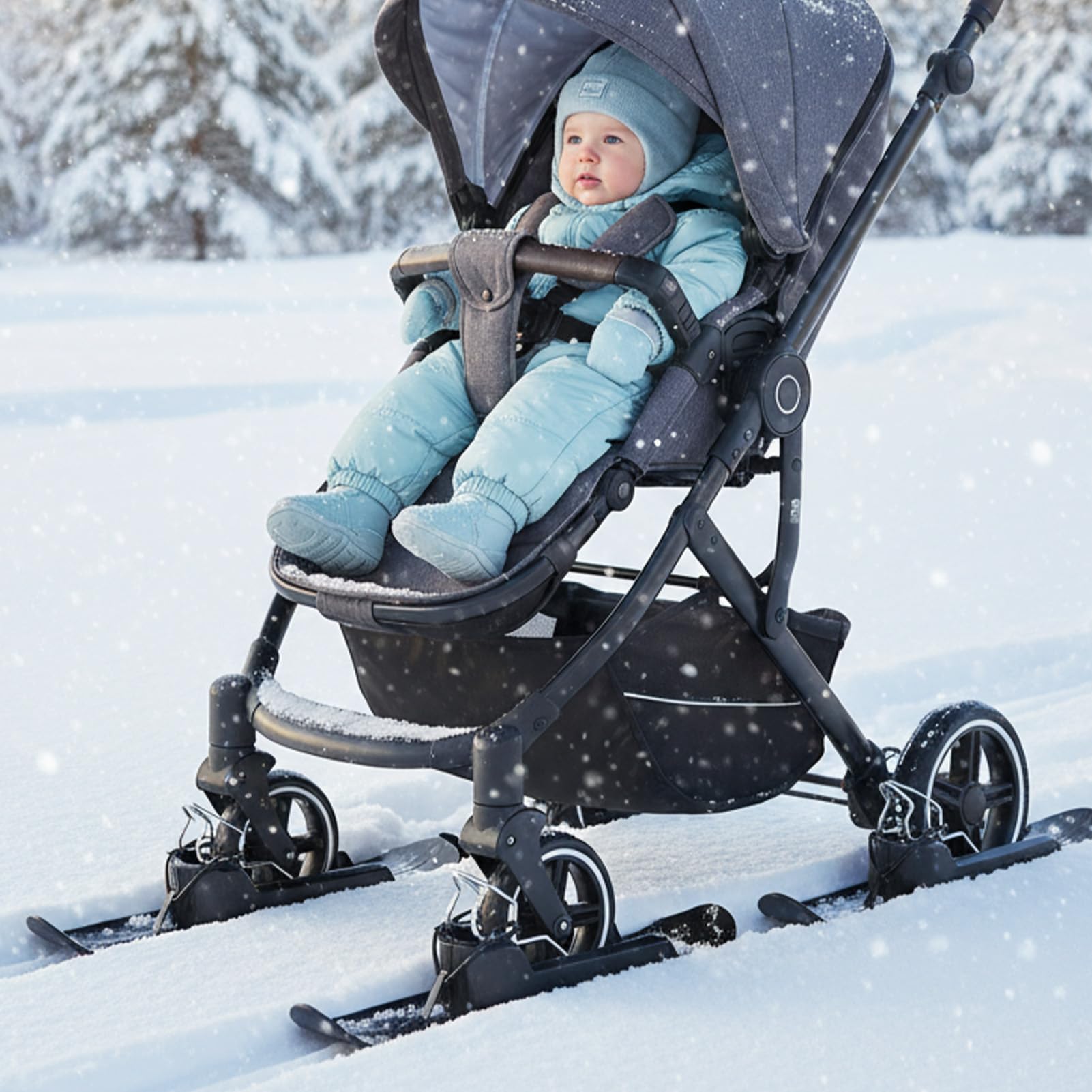 Generisch Narty do wózka dziecięcego – lekkie akcesoria zimowe na śnieżne przygody | łatwa w montażu konstrukcja ze stabilnym zamknięciem zatrzaskowym, delikatnie przesuwająca się podstawa dla dzieci