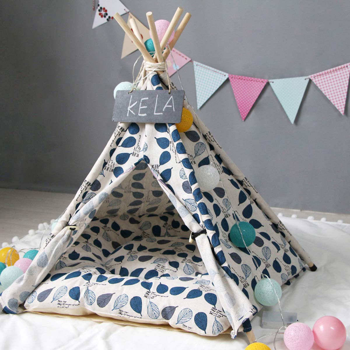 TentHome Tente Tipi avec Coussin pour Chiens Chiots Chats Animaux de Compagnie Niche pour Chien avec Matelas Amovible et Lavable, Feuille Bleue (70cm x 60cm x 60cm)