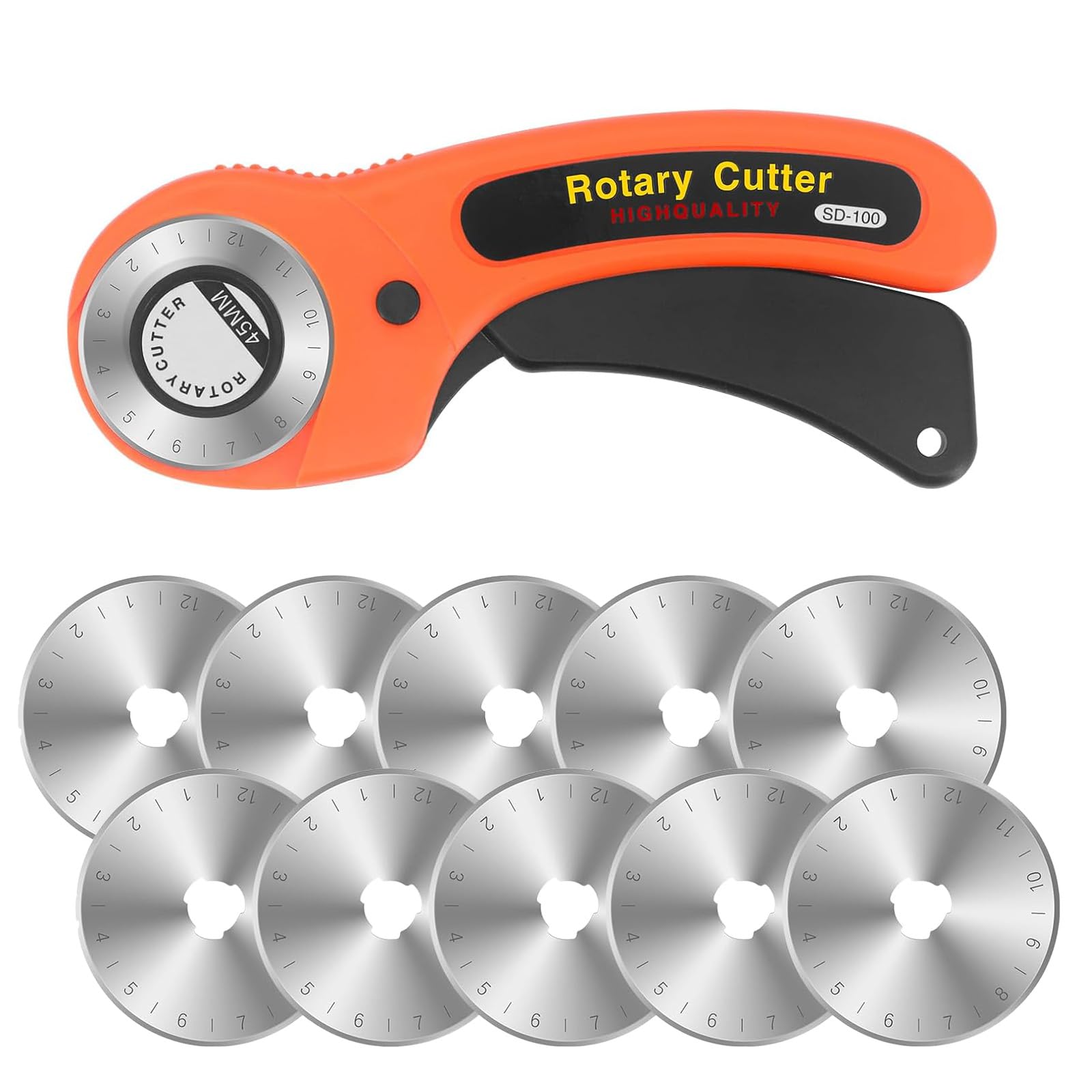 45mm Rotary Cutter for Fabric with 10PCS Replacement Blades,Fabric Rotary Cutter Wheel for Leather, Crafting, Sewing, Quilting,DIY Projects, Ergonomic Handle for Left and Right Hand Users (Orange)