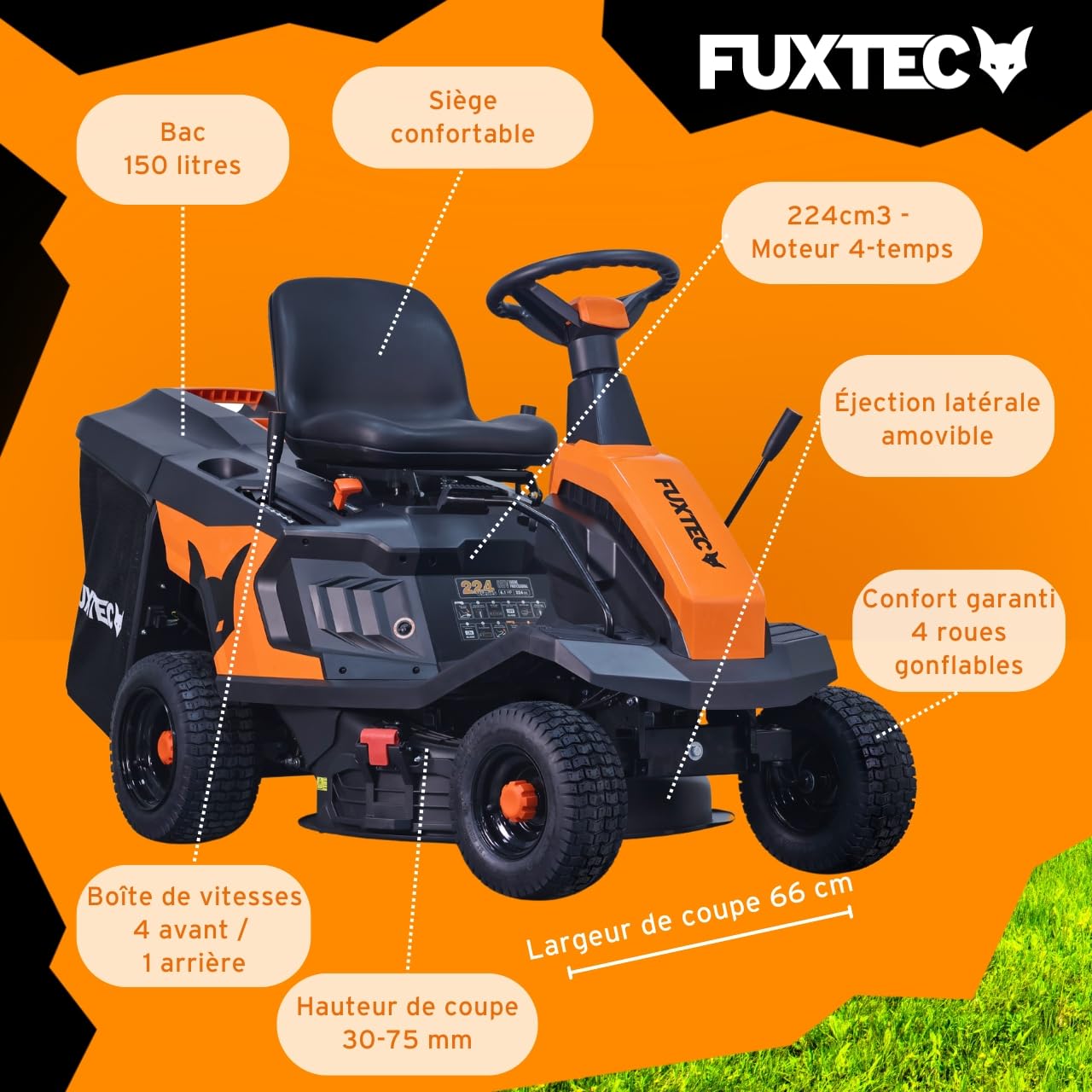 Tondeuse Thermique autoportée FUXTEC FX-RMR66, Tracteur de pelouse eStart, 2500 m2, Largeur de Coupe 66 cm, 6 CV, bac 150 L, Hauteur de Coupe réglable, pour Grandes Surfaces