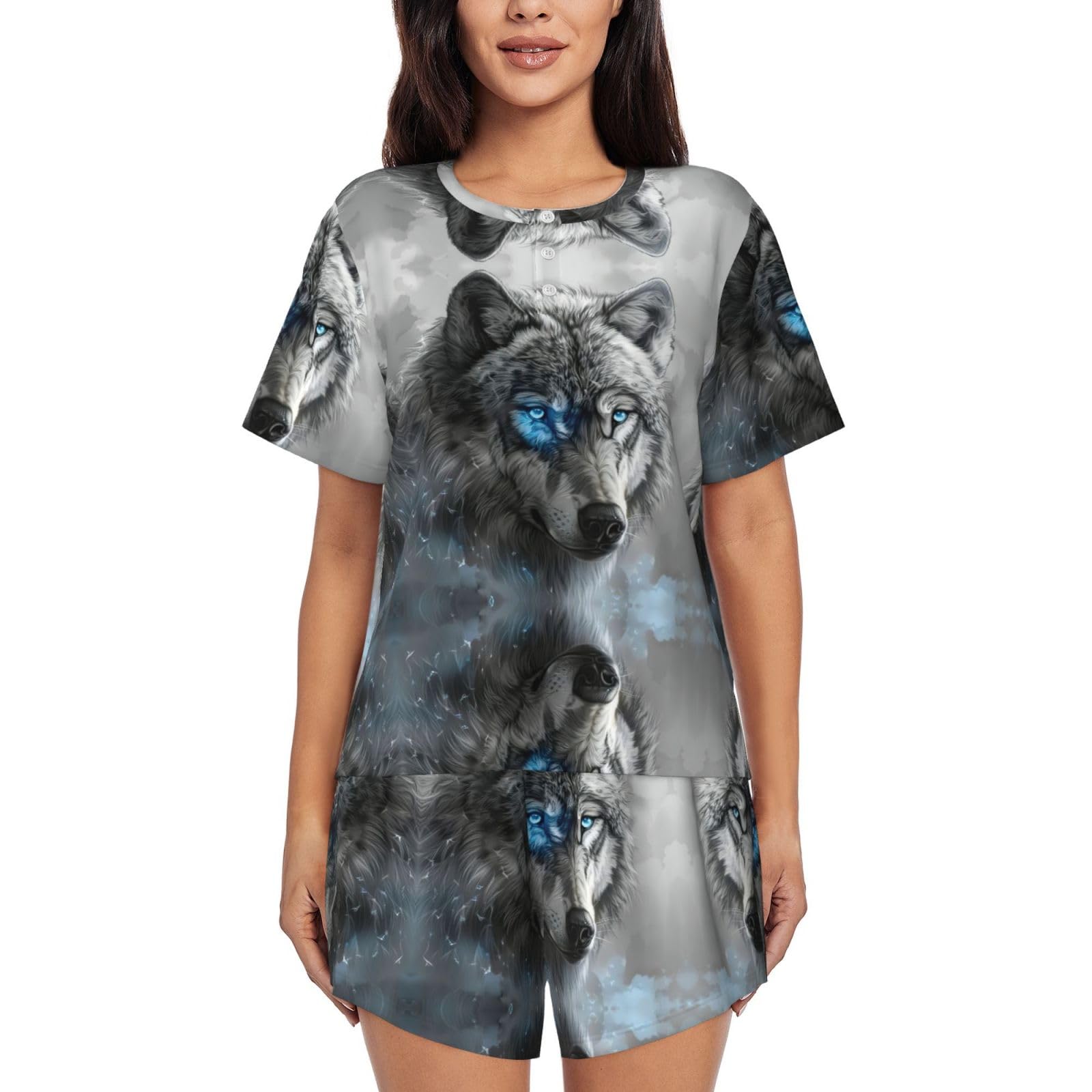 Kfjghhl Blue Eyes Wolf Womenâ€™s Pajama Set Short Sleeve Shorts Lounge Sleepwear Summer Button 2 Piece Women Pjs