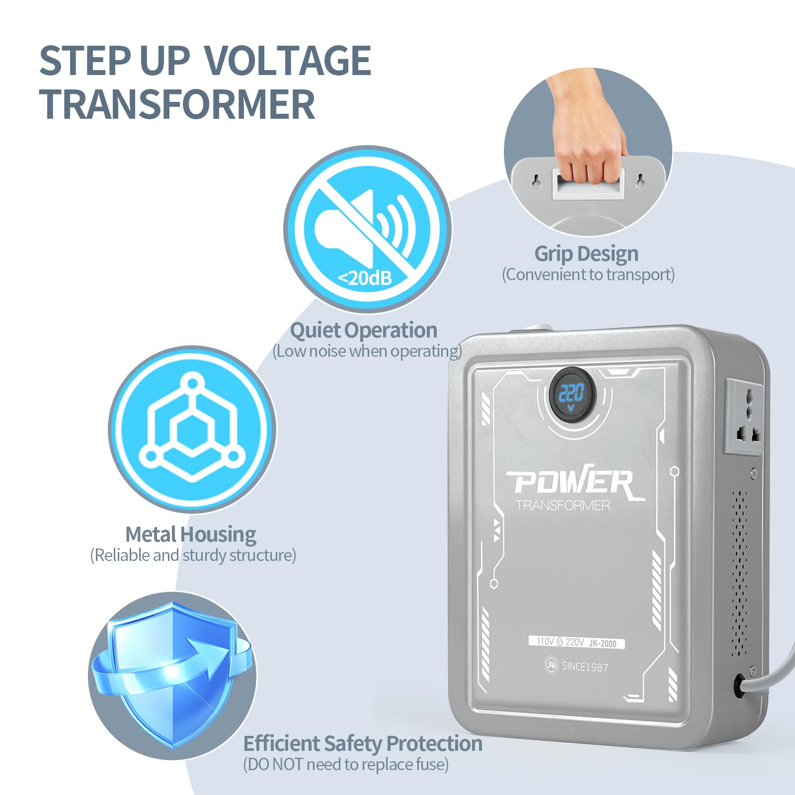 SUNSHUN Transformator Step Up, konwerter 110 V na 220 V, 2000 W, z wyświetlaczem napięcia, konwerter napięcia 110-120 V na 220 V-240 V z 2 gniazdami wyjściowymi do urządzeń azjatyckich, europejskich