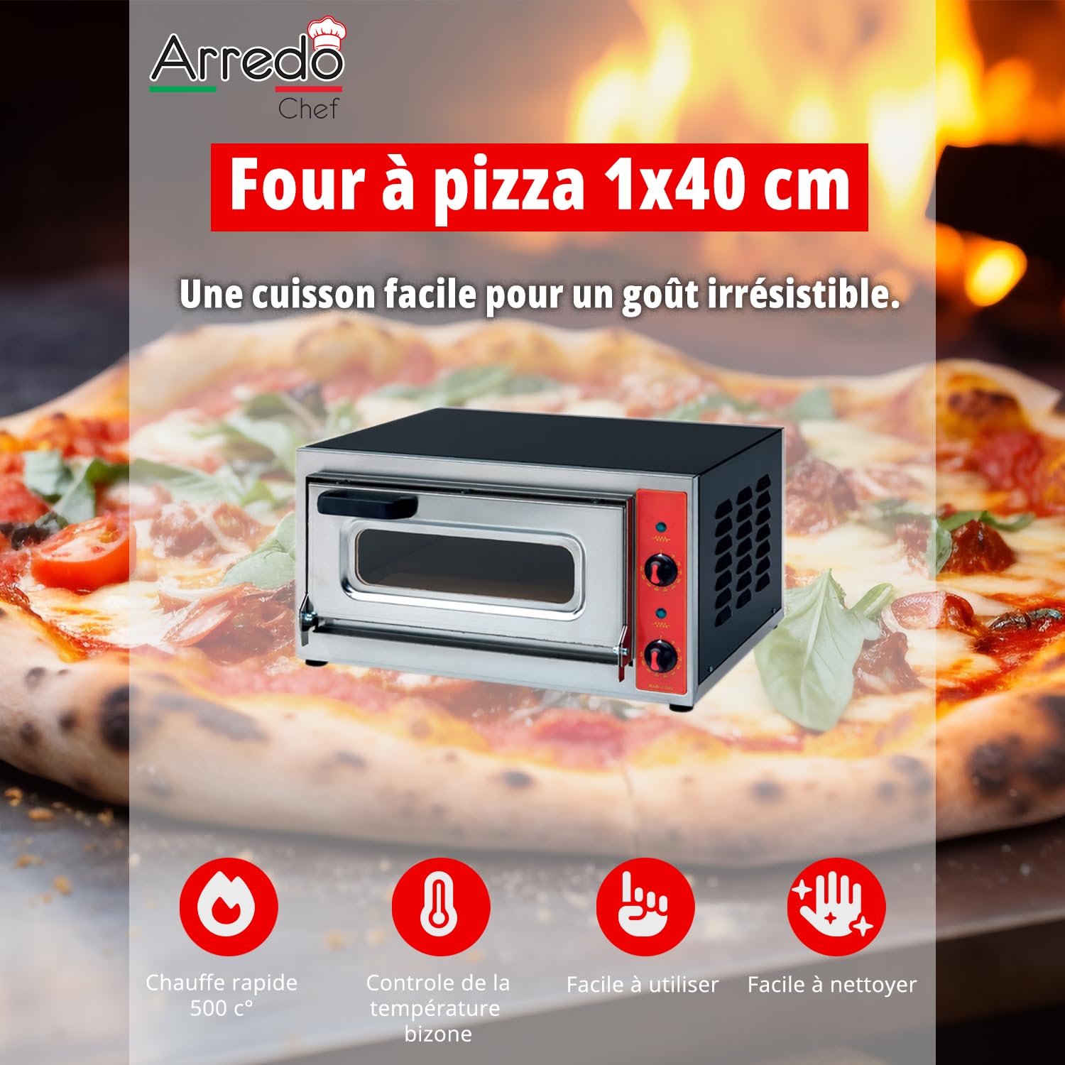 Four à Pizza Électrique Professionnel - 1 Pizza Ø40 cm - 500°C - Pierre Réfractaire - Thermostat Réglable - Cuisson Rapide & Uniforme - Idéal Pizzeria, Restaurant, Snack. Fabriqué en ITALIE.