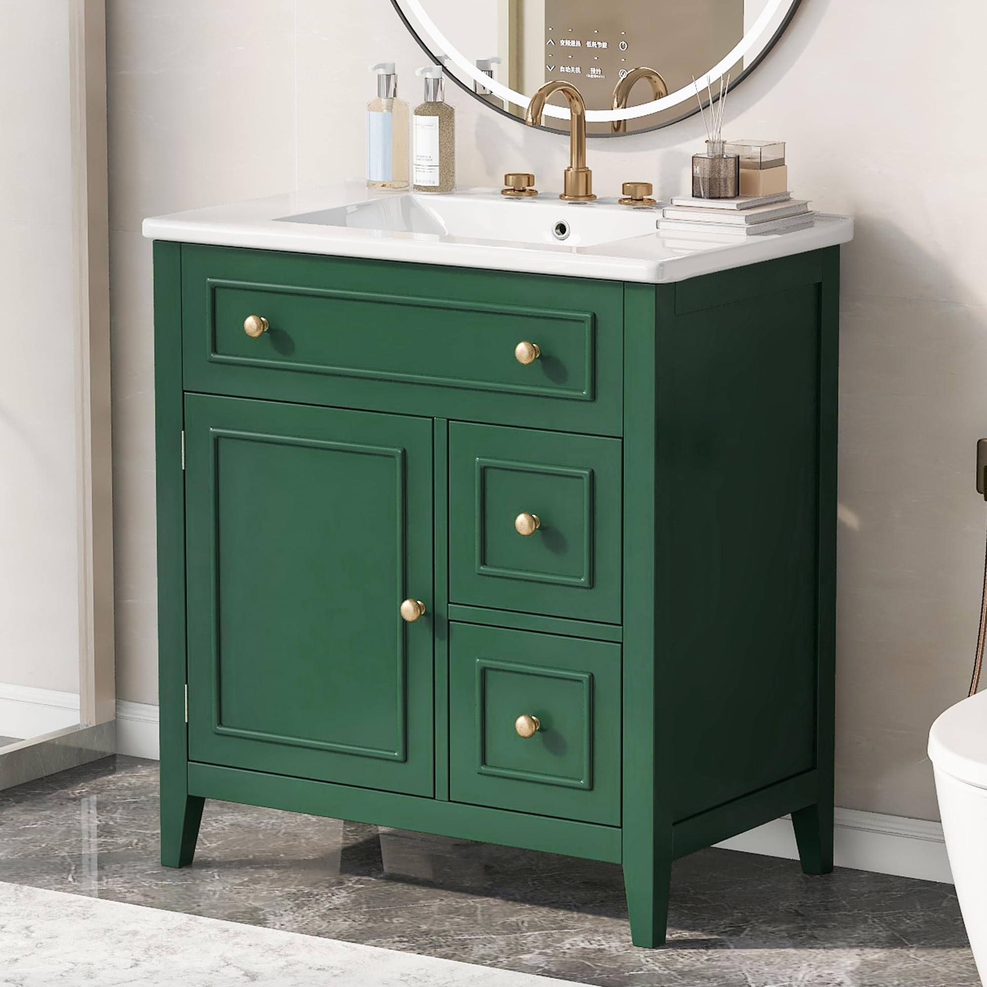 30" Bathroom Vanity with Ceramic Basin Sink,Freestanding Solid Wood Vanity Cabinet with Door and 2 Drawers,Single Sink Bathroom Vanity for Small and Medium Restroom Green