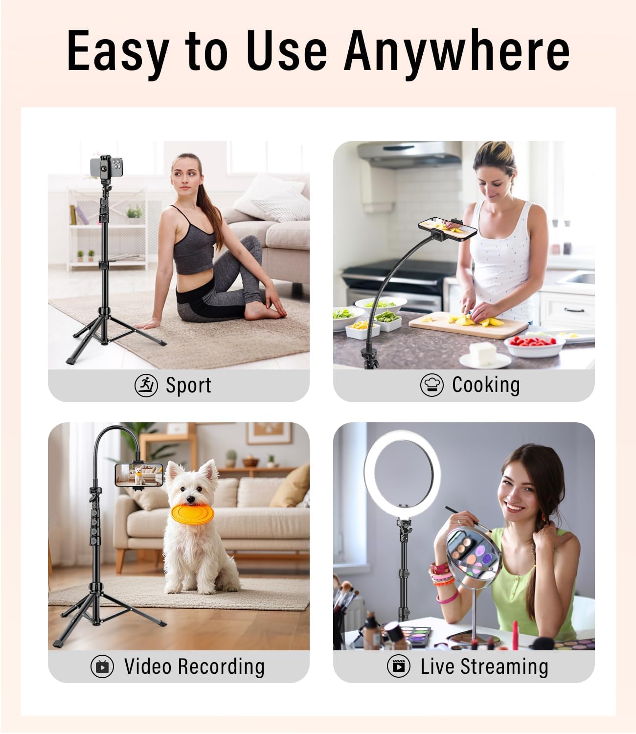 Phone Tripod, 86" Tall Tripod Stand with Gooseneck and Remote, Suitable for Recording Fitness Vlog Watching Cooking, Compatible with Smartphone, Camera