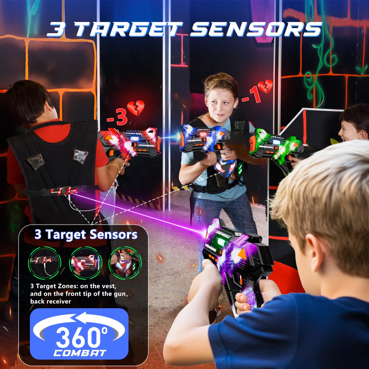 VATOS Pistola de Juguete Recargable con Combate 360° - Pistola de Juguete con Pantalla 2.4GHz Data Sync con Chaleco y Objetivo Trasero 4 Jugadores, Juego de Pistola por Infrarrojos para Niños