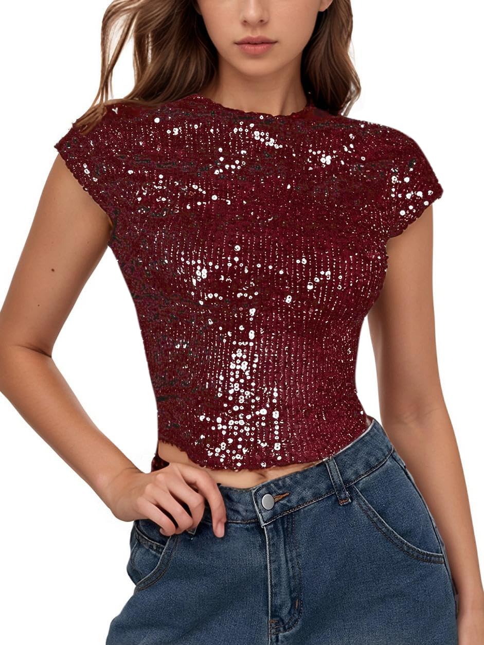 WDIRARA Women's Sequin Boat Neck Shirts Sparkle Glitter Backless Tee Cap Sleeve Crop Tops