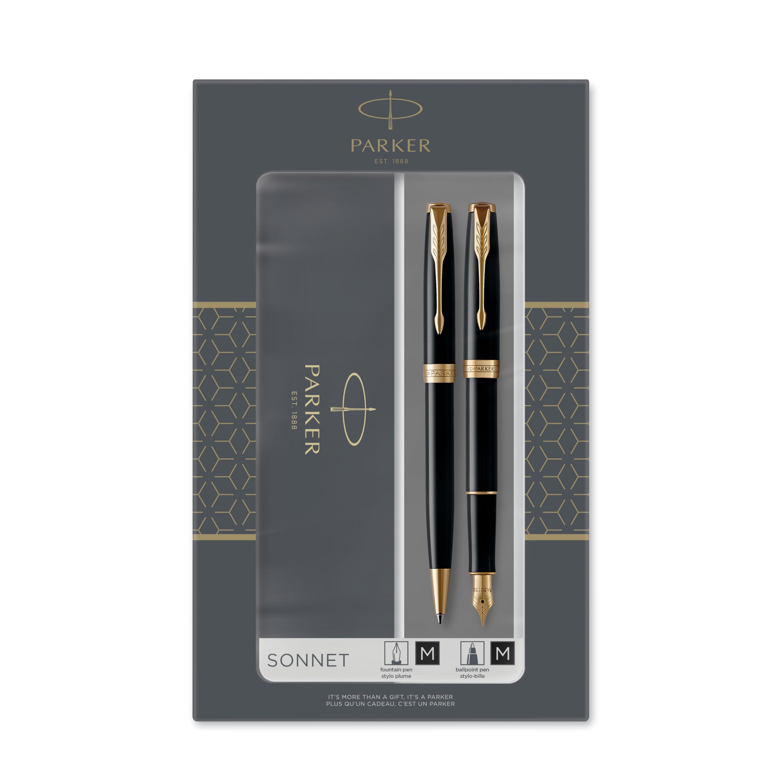 Sonnet Duo Gift Set with Ballpoint Pen & Fountain Pen (18K Gold Nib) | Gloss Black with Gold Trim | Black Refill & Cartridges | Gift Box