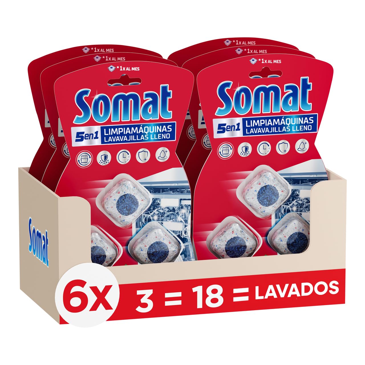 Somat Limpia Máquinas Lavavajillas Lleno, 3 Pastillas Limpiadoras (Pack de 6), Limpieza Profunda del Lavavajillas, Elimina Grasa, Cal y Residuos, Mantenimiento Eficaz y Fácil Uso Sin Ciclo Adicional