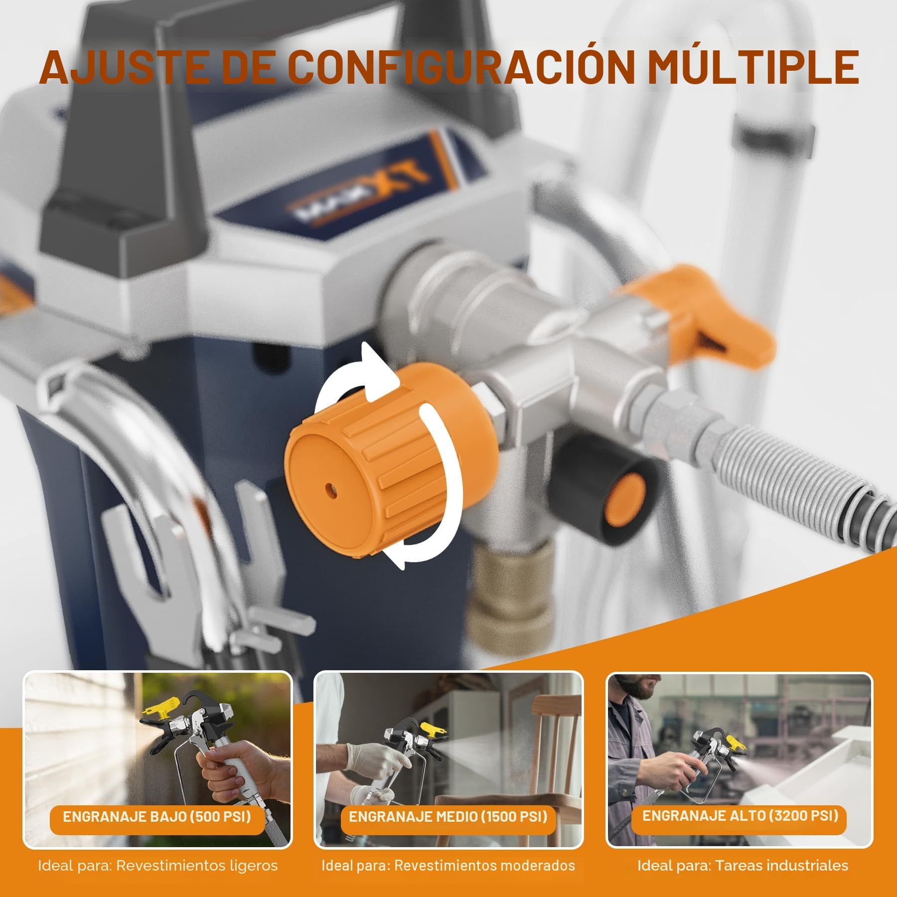 MAXXT Pistola de Pintura Airless Alta Potencia 1300W, 220-240V~50Hz, Presión Máx 3000PSI, Caudal 1,44L/min, Manguera 7,5m, Boquilla 517, Manómetro & Accesorios Completos para Hogar y Profesional