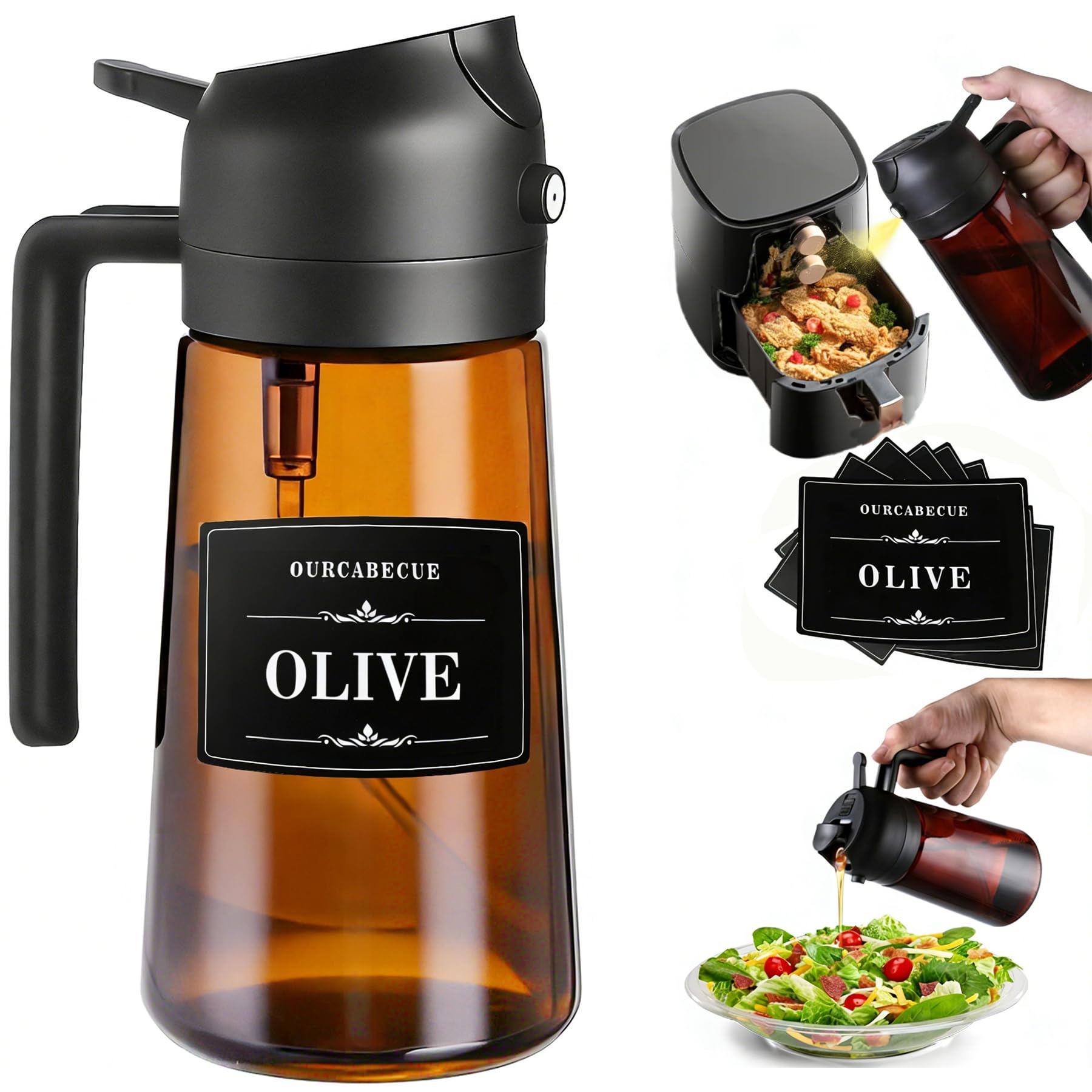 Olive Oil Sprayer &amp; Dispenser Bottle for Cooking 16oz Dark Glass Oil Mister