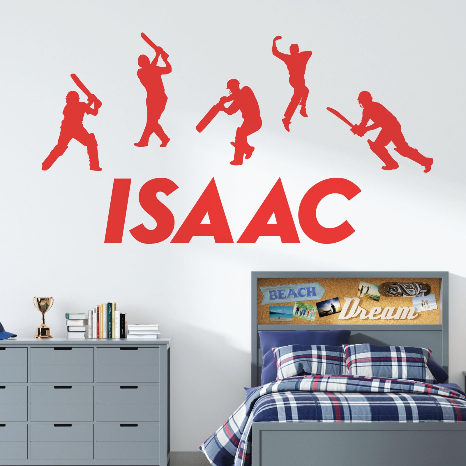 Personalised Name Wall Art Sticker - Sport Game, Cricket Players Silhouettes [Large] [Poppy]