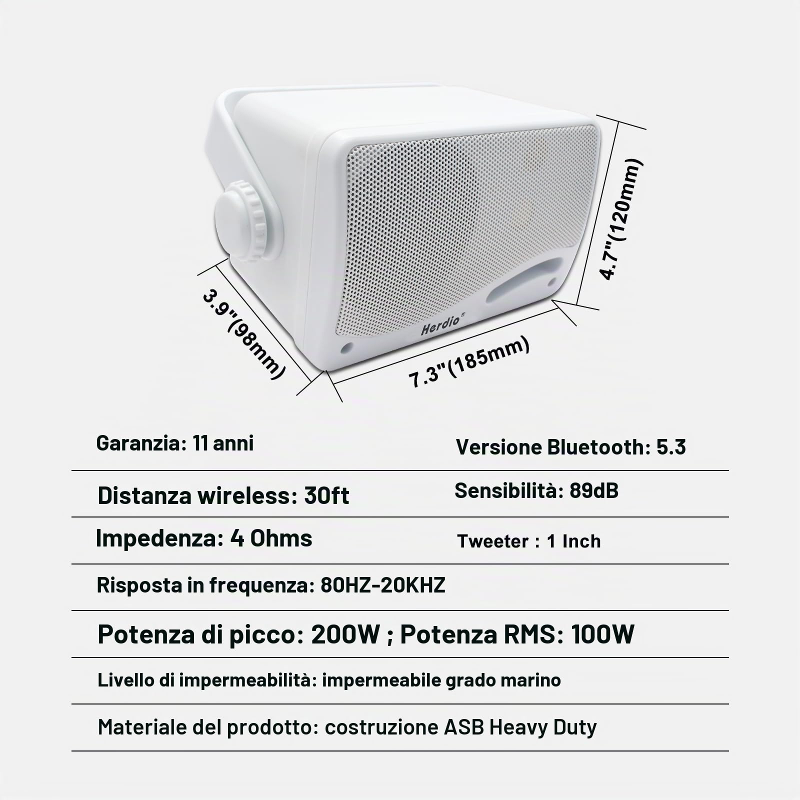 Herdio 3,5 Pollice Bluetooth Altoparlanti da esterno 200Watt Diffusori da Esterno Casse per Esterno Per Esterno,All-Weather Durability, per Patio Marine Boat Garage Indoor (Coppia，Bianco)