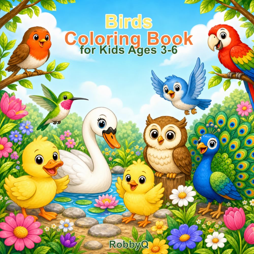 Birds Coloring Book: Cute and Easy Bird Coloring Pages for Kids Ages 3-6 (Baby Animals Coloring Books)
