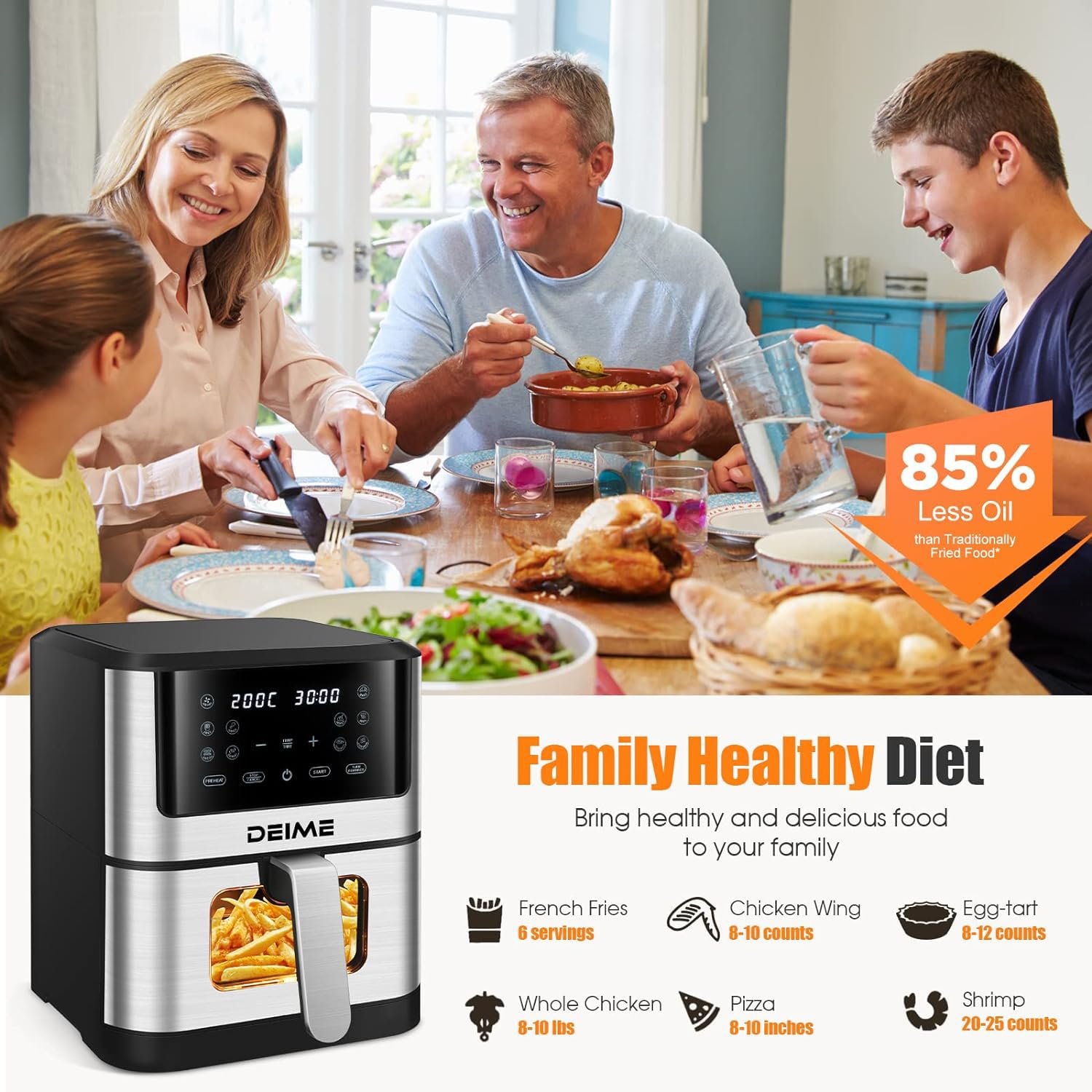 Freidora de Aire 10 Funciones, 6L, 1500W, Control Digital de Temperatura 80-200°C y Tiempo, Temporizador hasta 60 min. Pantalla LED, Ventana de Cocción Visible, Antideslizante. (6 LITROS)