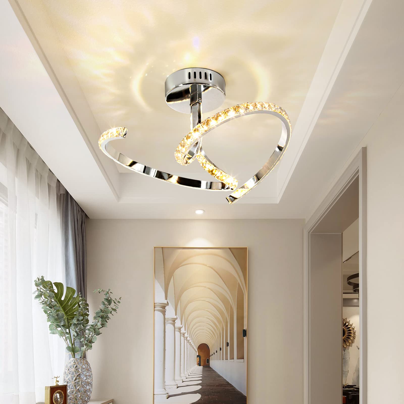 Cxjlllqly Modern Silver Ceiling Light,Crystal Light Fixture LED Ceiling Lamp Close to Ceiling Lighting for Bedroom, Living Room, Dining Room,Black Finish,3000K,12.8W