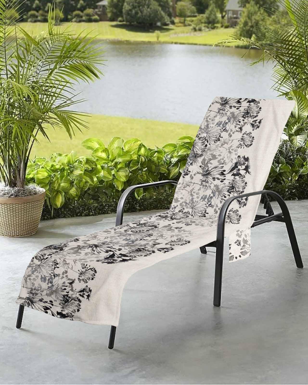 Vintage Flower Beach Chair Towel Covers for Chaise Lounge with Side Pocket, Soft Plush Pool Towels Cover for Patio Sunbathing Outdoor 29''x85'' Black Grey Botanical Aesthetic Plant