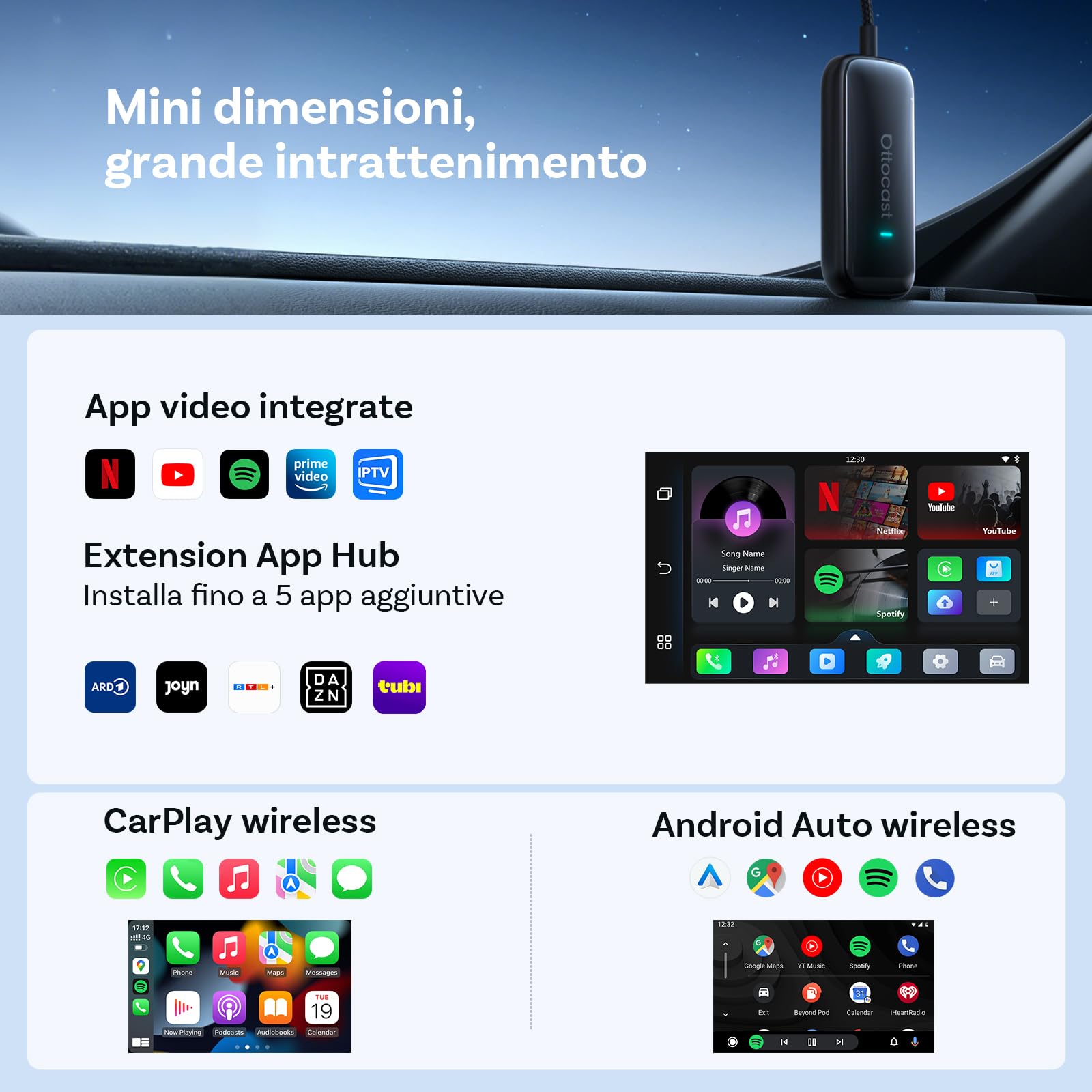 OTTOCAST Play2Video Ultra 2026 AI Box, Adattatore CarPlay Wireless e Android Auto, YouTube Prime Video Spotify, WiFi 6, 4GB+32GB, Plug & Play per Auto con CarPlay Cablato dal 2016