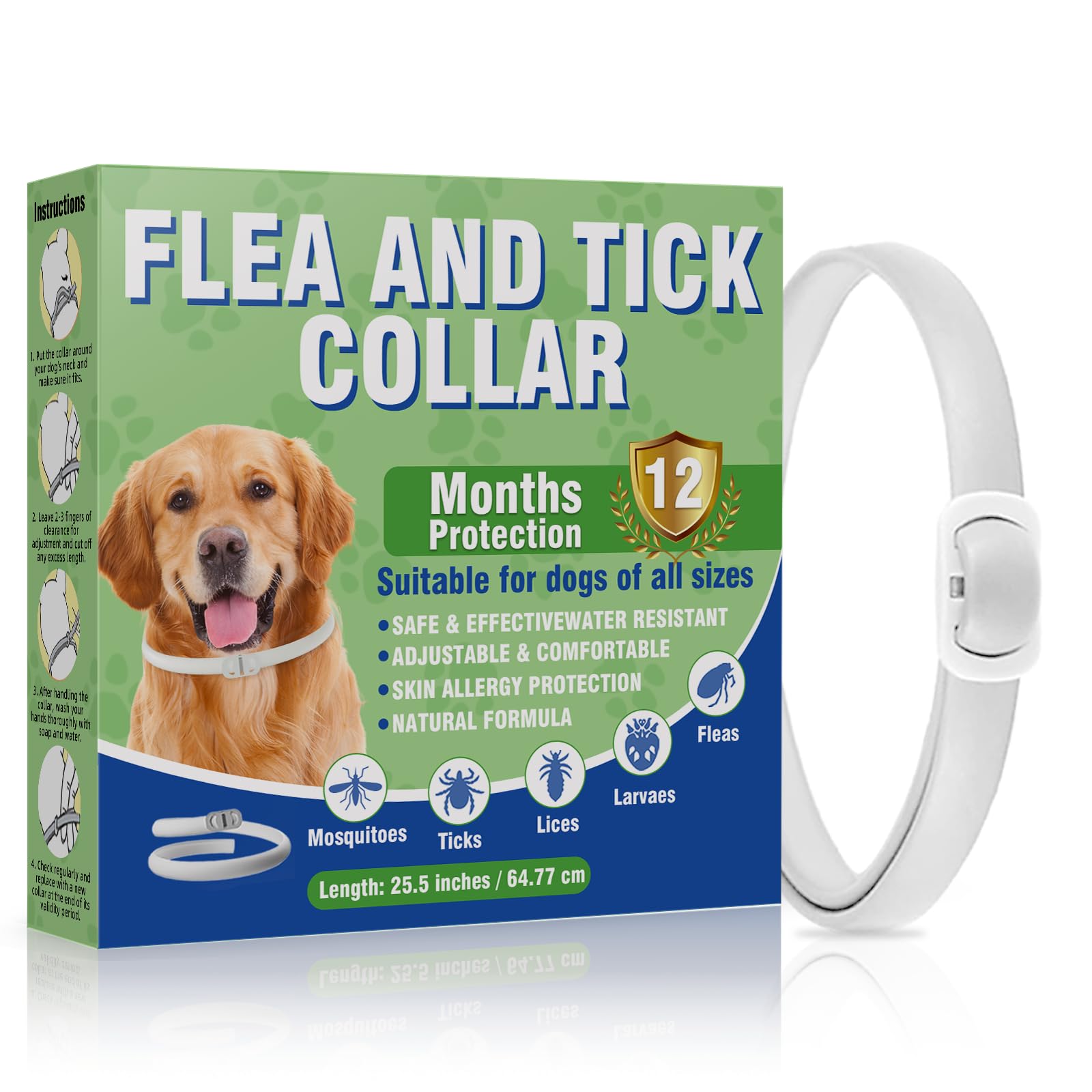 Collier Anti Puces pour Chien, Collier Anti Puce Chien Naturel, Ajustable et Doux pour la Peau, Protection Efficace Jusqu'à 12 Mois, Imperméable, Adapté aux Chiens Petits, Moyens et Grands, 65cm - 2