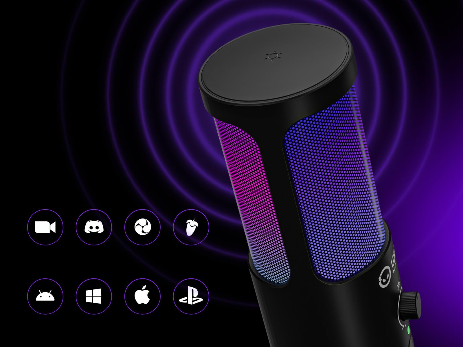 SMP40 RGB mikrofon gamingowy z bezprzewodowym przyciskiem wyciszania, mikrofon USB ze wzorem kardioidalnym, metalowy stojak, Plug & Play, do komputerów PC, Mac, Android i PlayStation, czarny