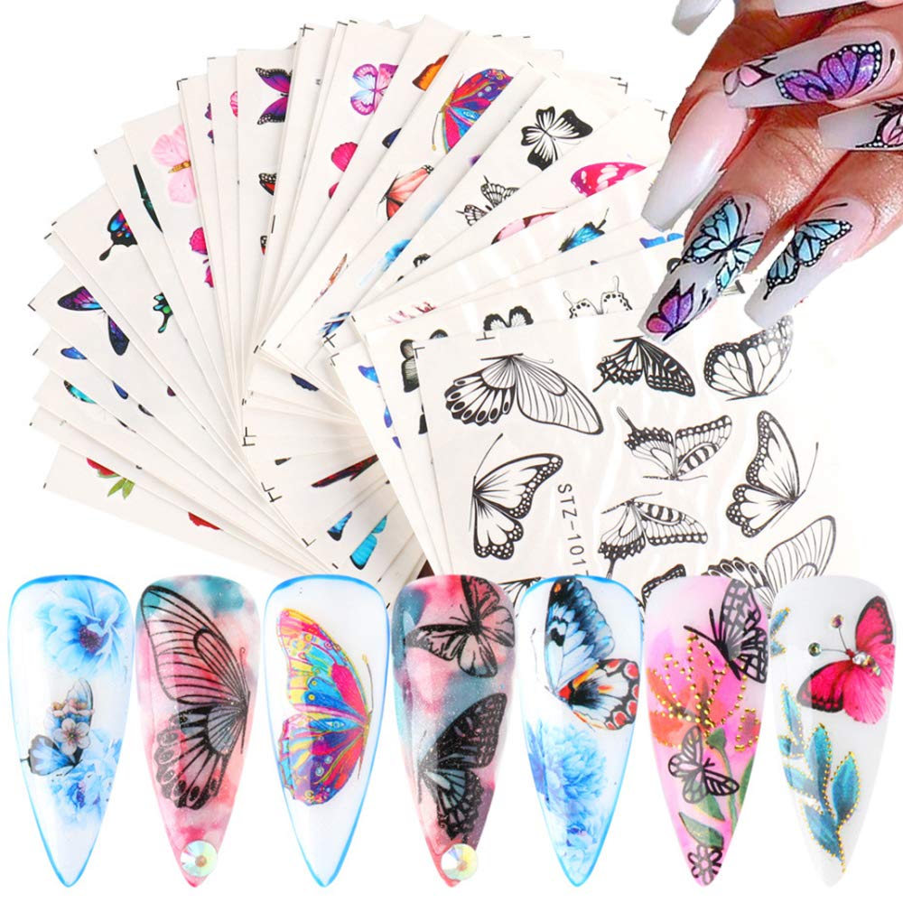 30 Sheets Butterfly Nail Art Stickers Decals Colorful Butterfly Flowers Design Nail Art Accessories Water Transfer Butterfly Nail Decals for Nail Decorations Women Girls Manicure Tips DIY