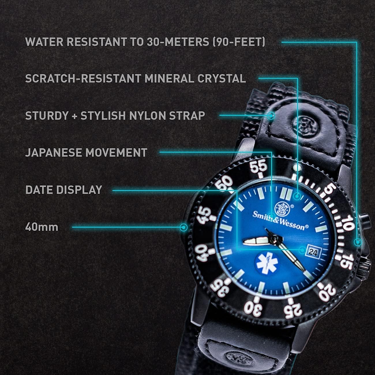 Smith & Wesson EMT Men's Watch, 3ATM Water Resistant, Date Display, Scratch Resistant Glass, Black Nylon Strap band, Waterproof, Precision Quartz, Tactical Watch, Military Watch, Father's Day Gift, 40mm