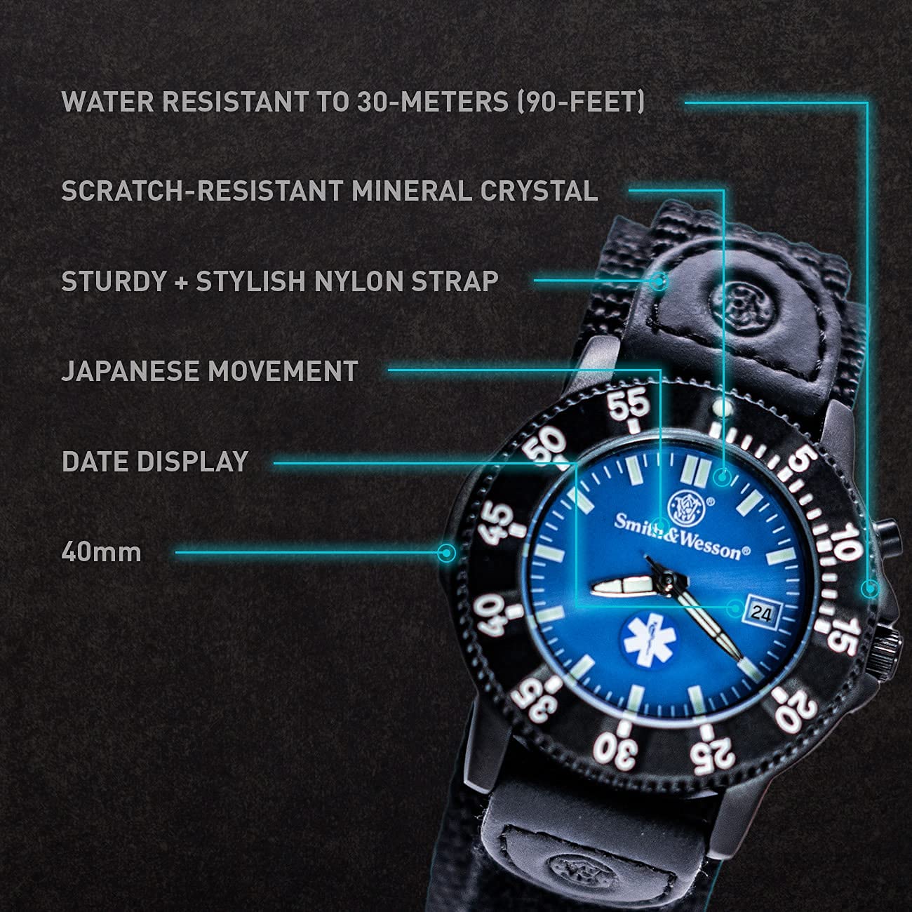 EMT - Reloj para hombre, esfera azul, retroiluminación, cuarzo de 1.575 pulgadas, resistente al agua 3ATM, resistente a los arañazos, reloj militar para médicos y uso al aire libre 3